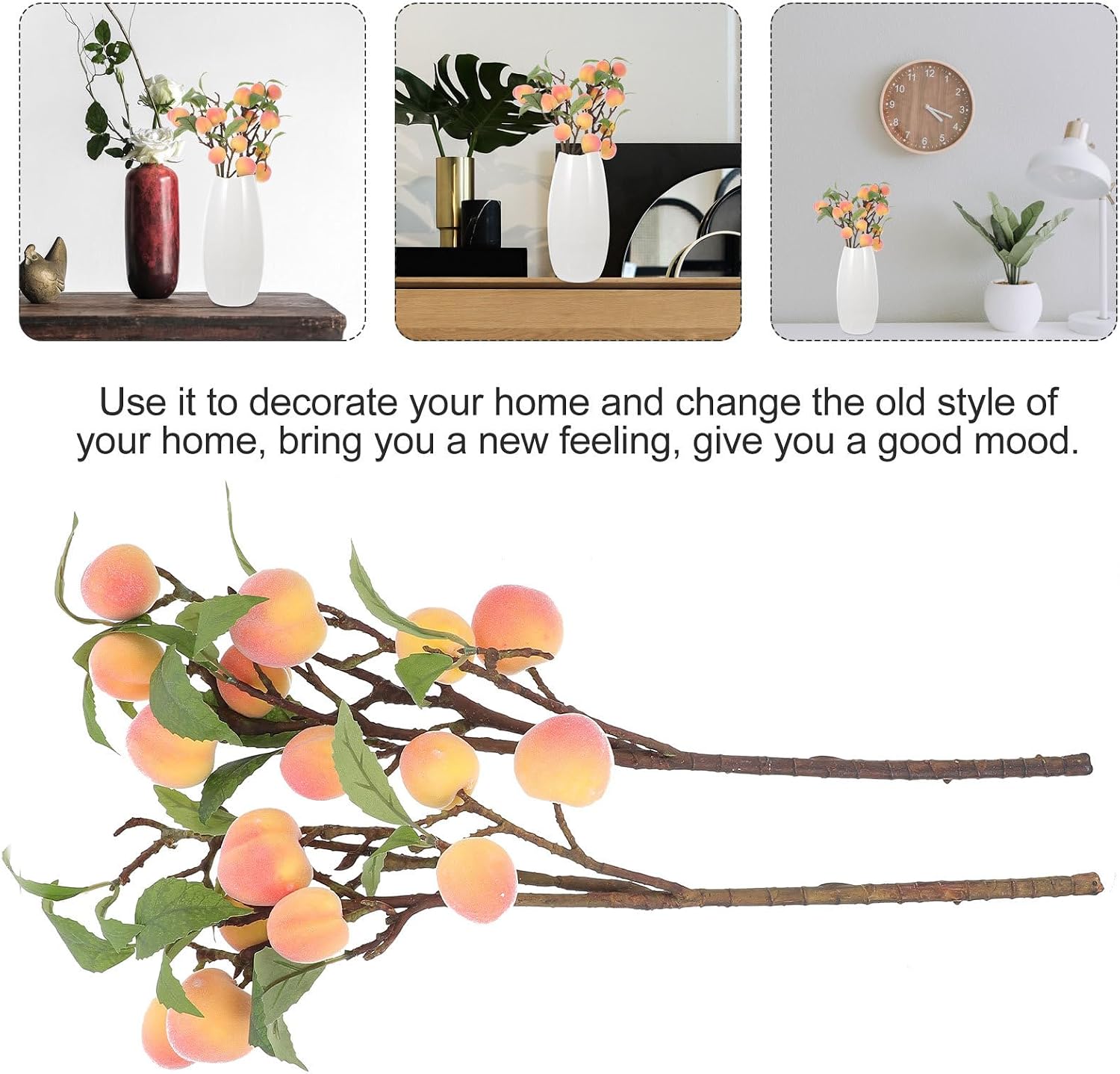 KICHOUSE Artificial Simulation Peach Branches, Medium Faux Peach Fruit Decor, 2pcs Pink Artificial Fruit Branches for Home Floral Arrangement and Table Decoration