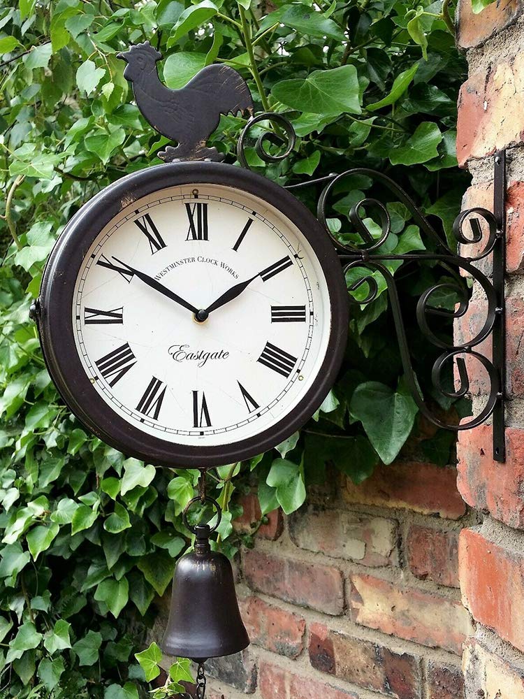 Horloge murale double face - Horloge de gare - Étanche - 30 x 37 x 9 cm - Avec design en fer forgé - Style rétro - Pour gare, couloir ou jardin - Noir