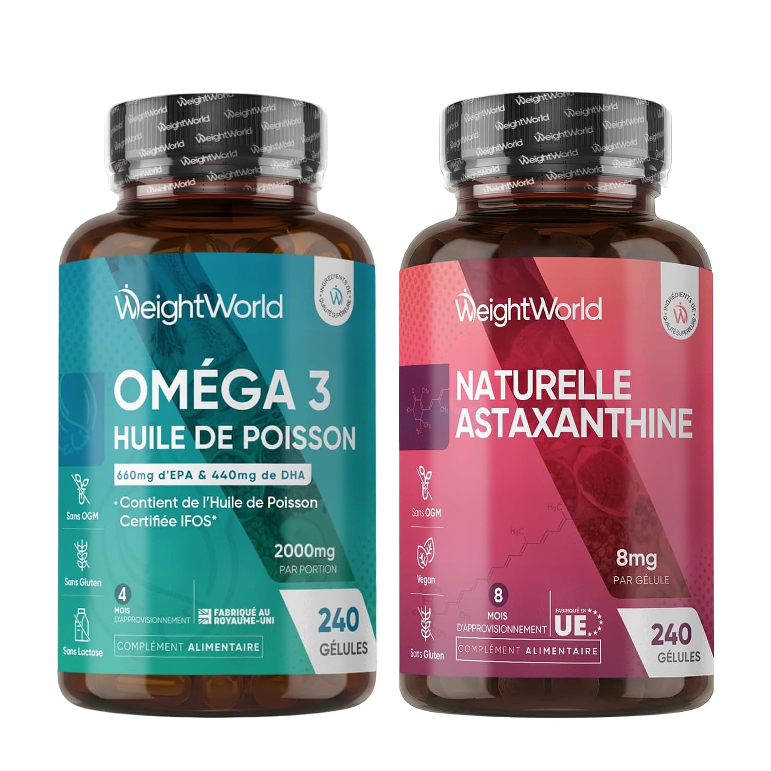 Duo - Oméga 3 Huile de Poisson & Astaxanthine Naturelle Gélules