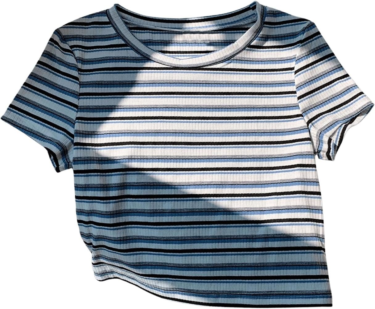 Women's Striped Colorblock T Shirt Short Sleeve Crew Neck Ribbed Knit Crop Tops