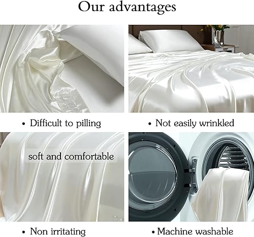 Miniatura 9 de YUEZAISHOU Sábanas de satén blancas tamaño Queen, juego de sábanas de seda de 4 piezas tamaño Queen, juego de ropa de cama de lujo extra suave y