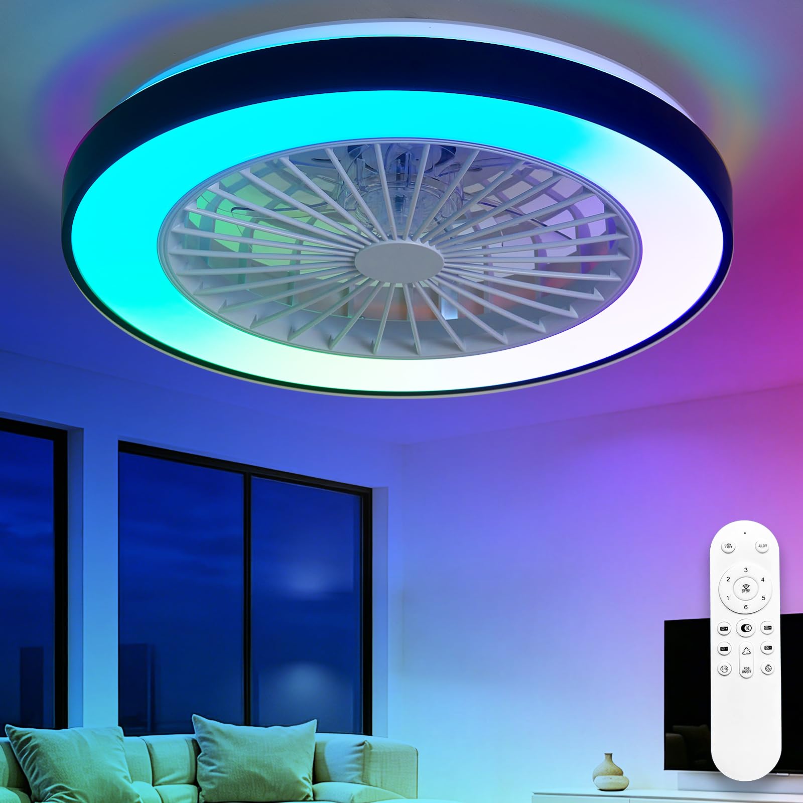 View 1 of ***FACTORY SEALED -
Depuley RGB Ceiling Fan with Light: 19" Enclosed Low Profile Flush Mount