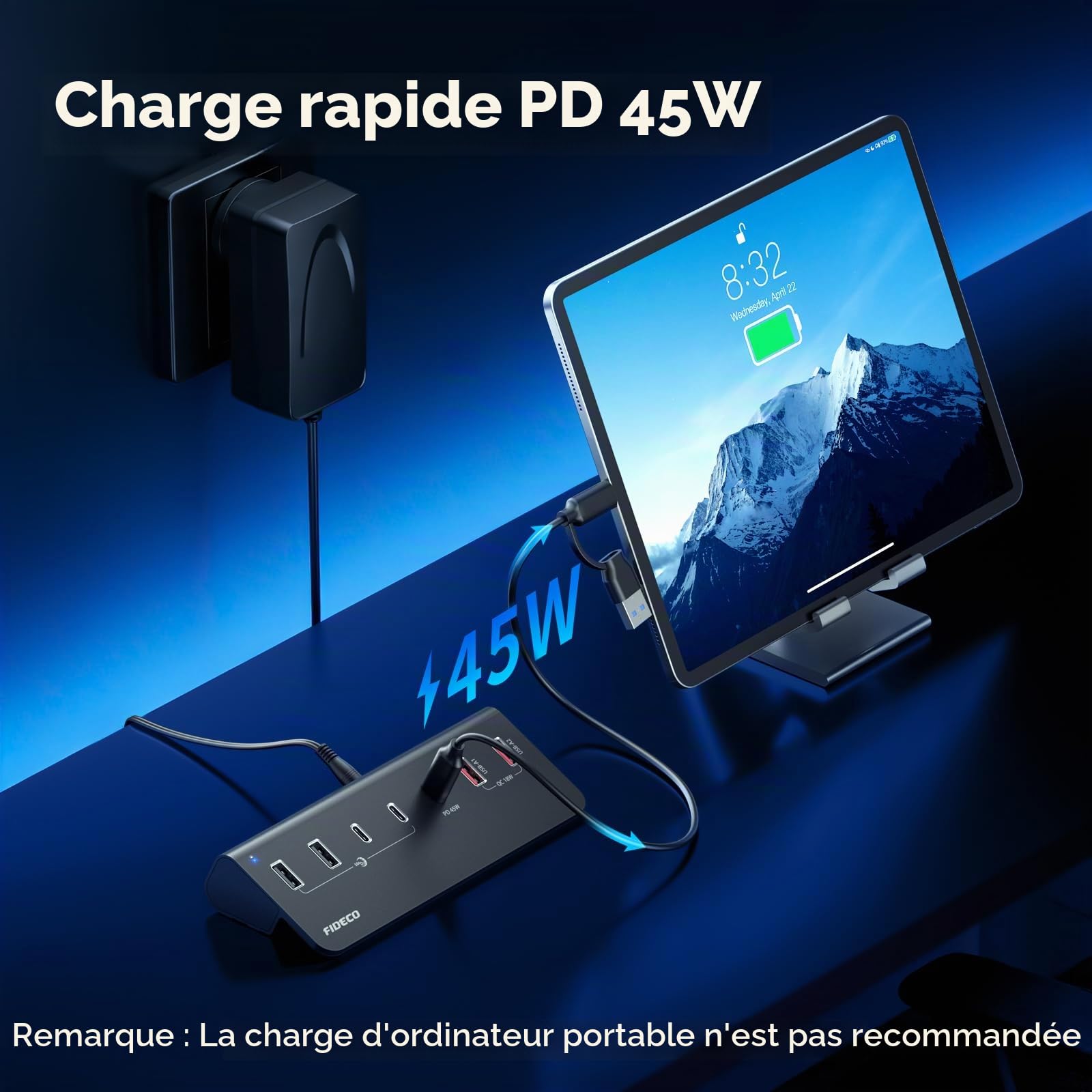 FIDECO Hub Alimenté 7 Ports 72W, Hub USB avec 1 PD 45W, 2 Ports de Charge QC 3.0 et 4 Ports 10Gbps USB 3.2 (2 USB-A + 2 USB-C), Hub USB en Aluminium pour Laptop, PC, MacBook, iPhone 17/16/15