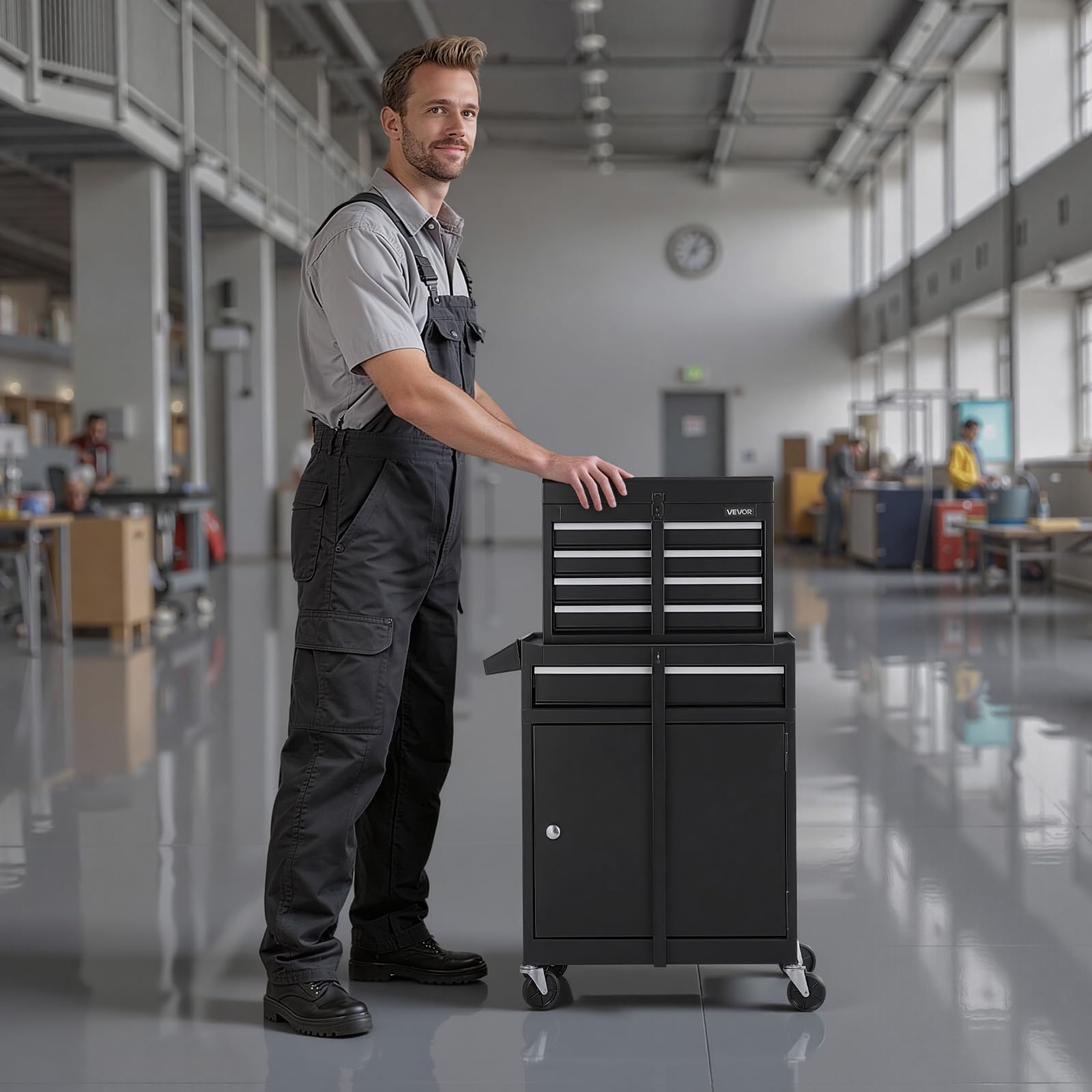VEVOR Caja de Herramientas con Ruedas, 2 en 1 Organizador de 5 Cajones con Superior Desmontable, Barra de Seguridad, Revestimiento Protector y Soporte para Herramientas, para Garaje, Almacén y Taller