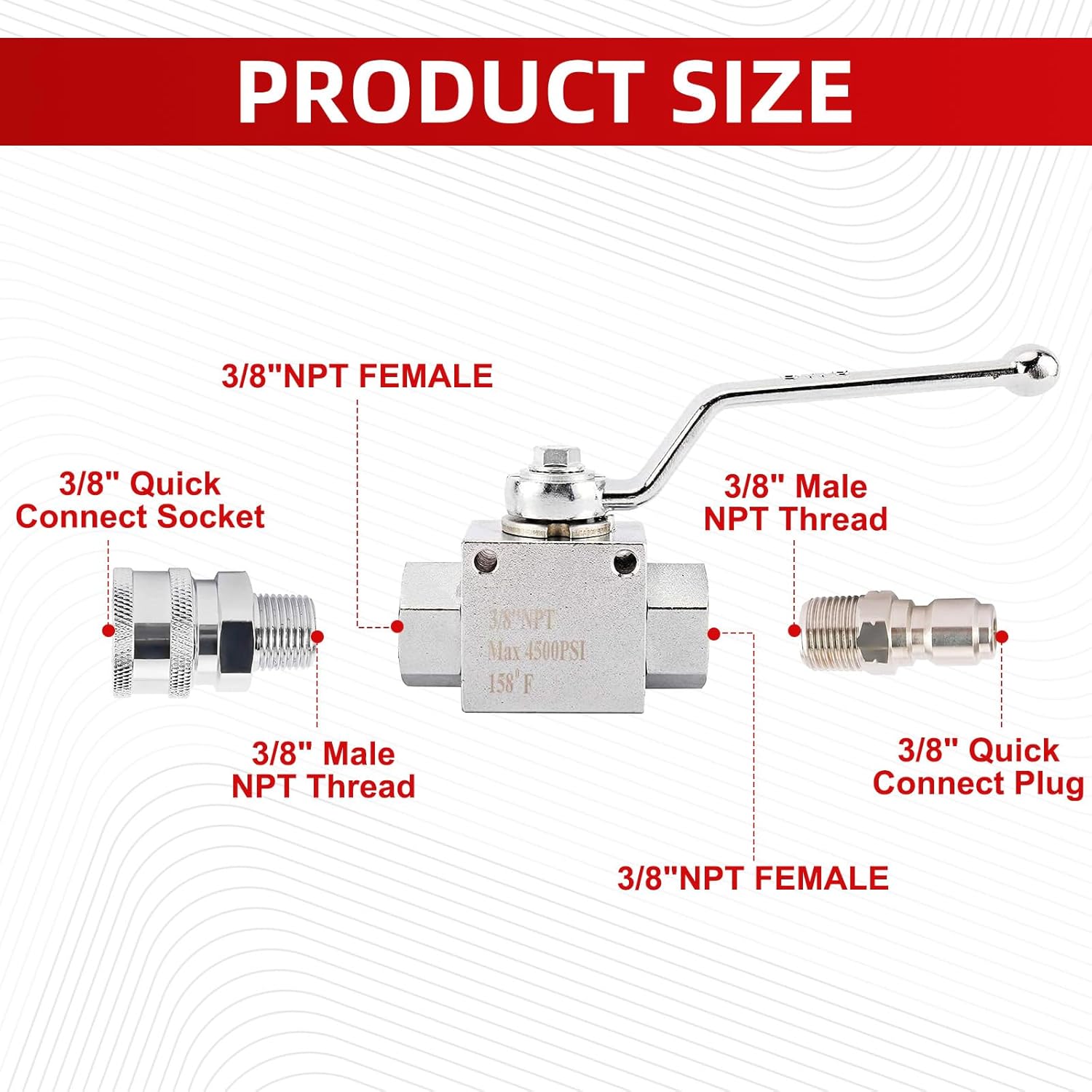 Toolly Stainless Steel High Pressure Washer Ball Valve Kit, 3/8 Inch Quick Connect for Power Washer Hose, 4500 PSI