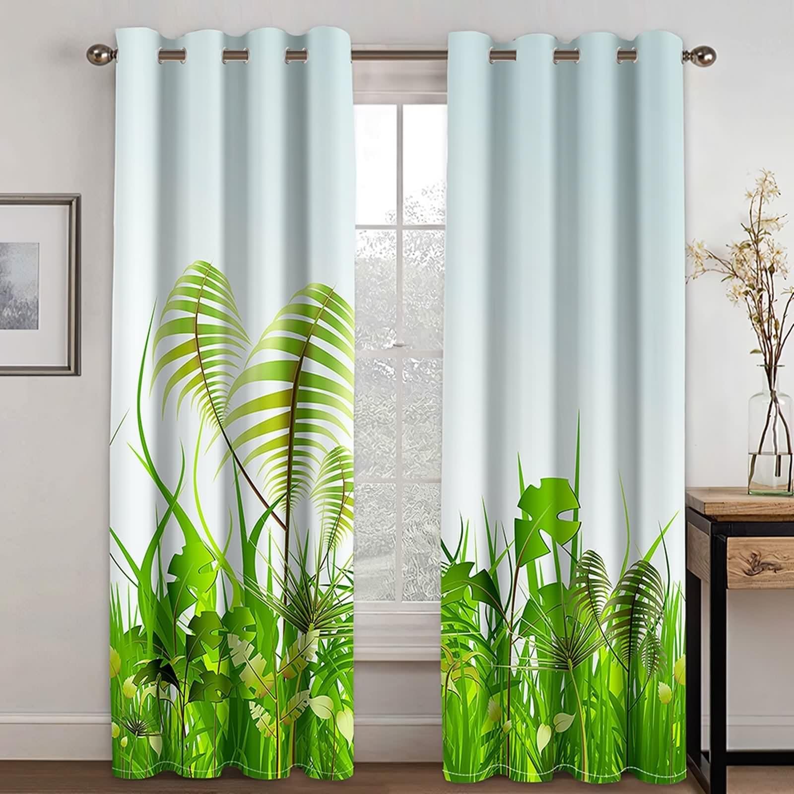 Rideau Occultant, Rideau Vert Anniversaire Polyester Motif d'herbe et de Feuilles 107L x 229H CM Lot de 2