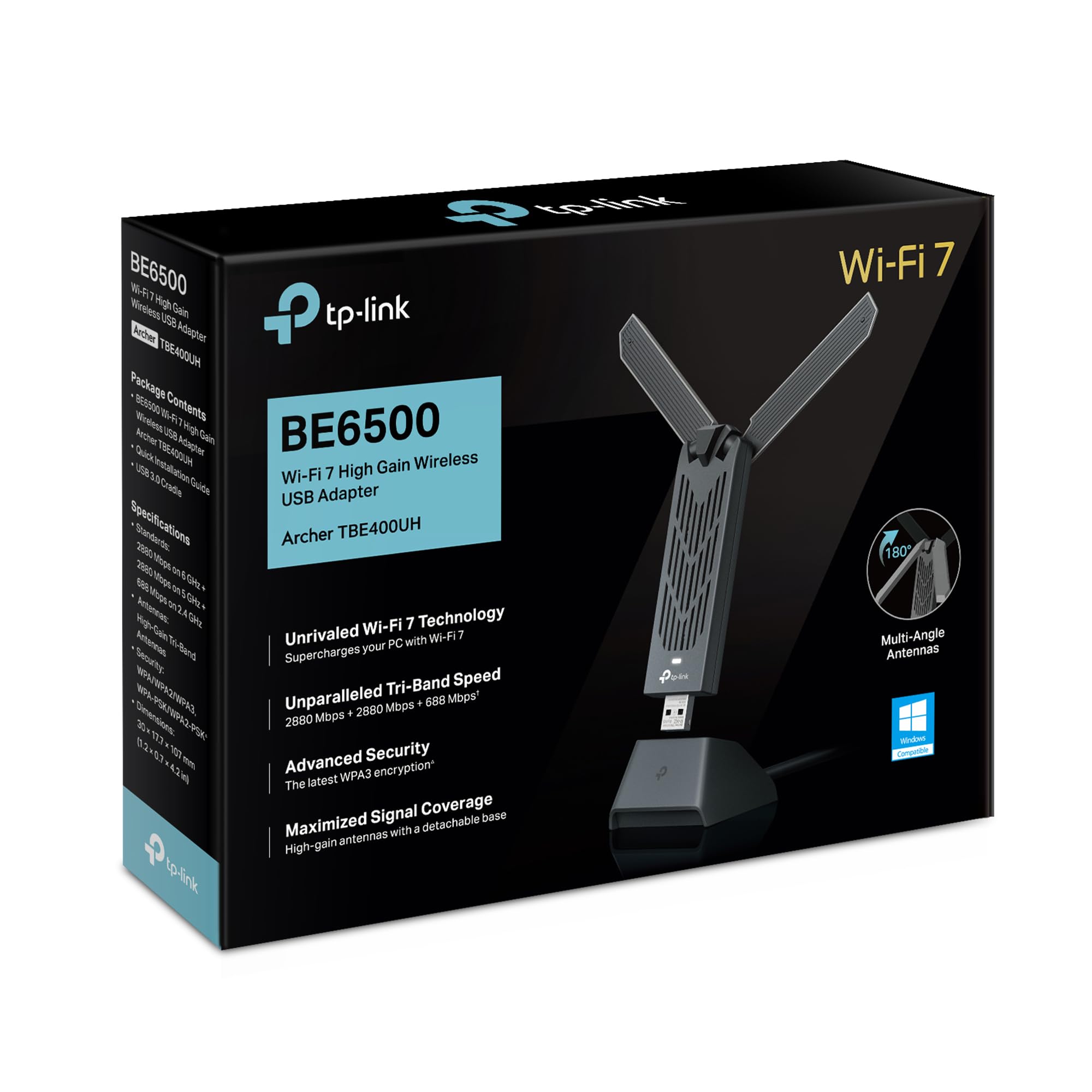 TP-Link Archer TBE400UH - Adaptador USB WiFi 7 BE6500Mbps, Tri-Banda (6GHz/5GHz/2.4GHz), MLO, MU-MIMO, OFDMA, USB 3.0, Seguridad WPA3, Plug & Play, Base para Escritorio, Compatible con Windows 11