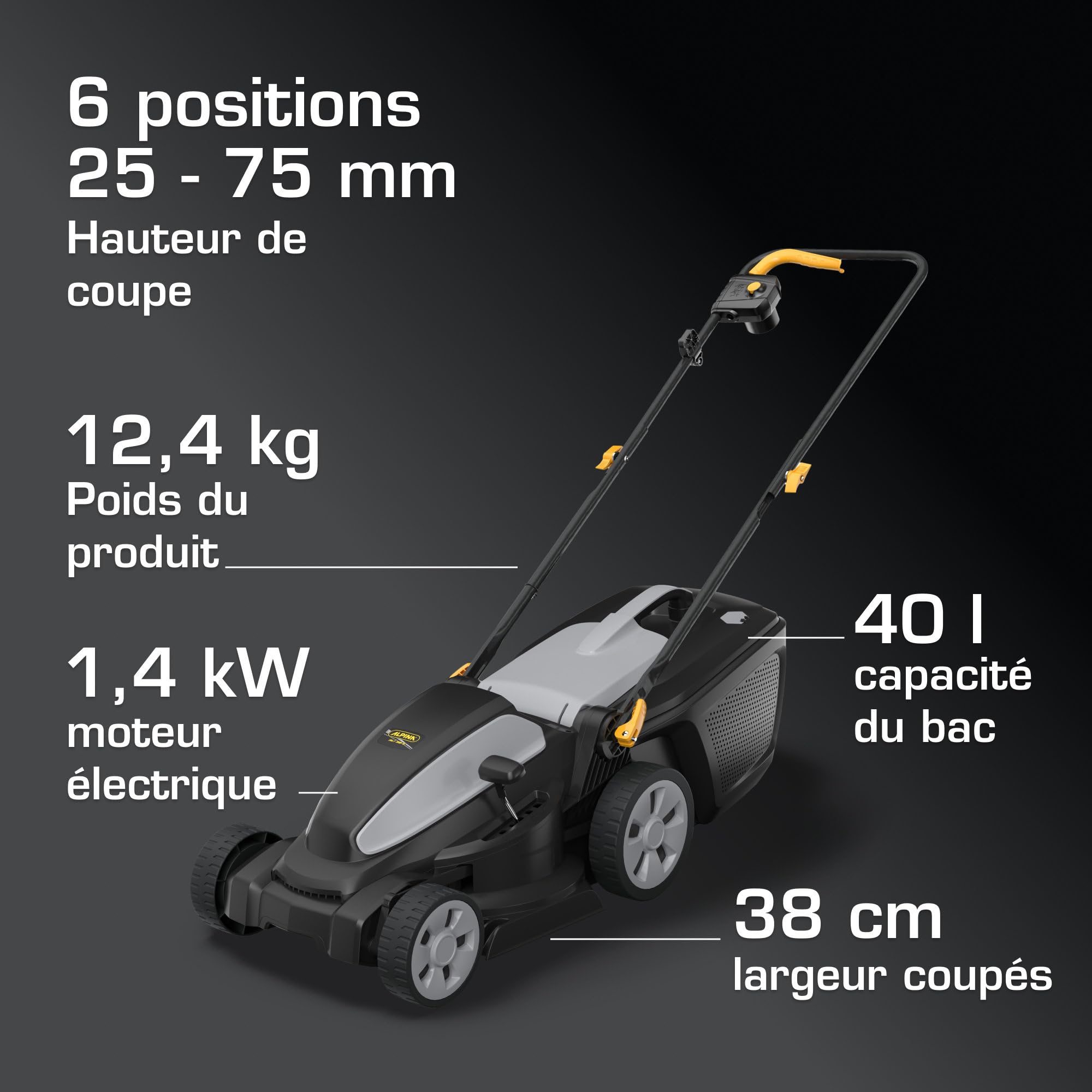Alpina AL1 38 E Tondeuse Électrique, 1400 W, 38 cm – Bac 40 l, Réglage Centralisé 6 Positions – Idéale pour Jardins Petits et Complexes
