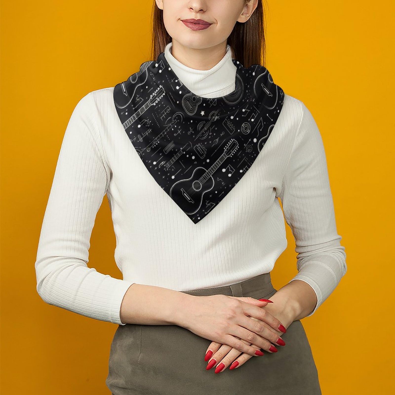 Bandanas negras con estampado de guitarra para mujeres y hombres, bandana de seda, pañuelo para la cabeza, pañuelo para el cabello