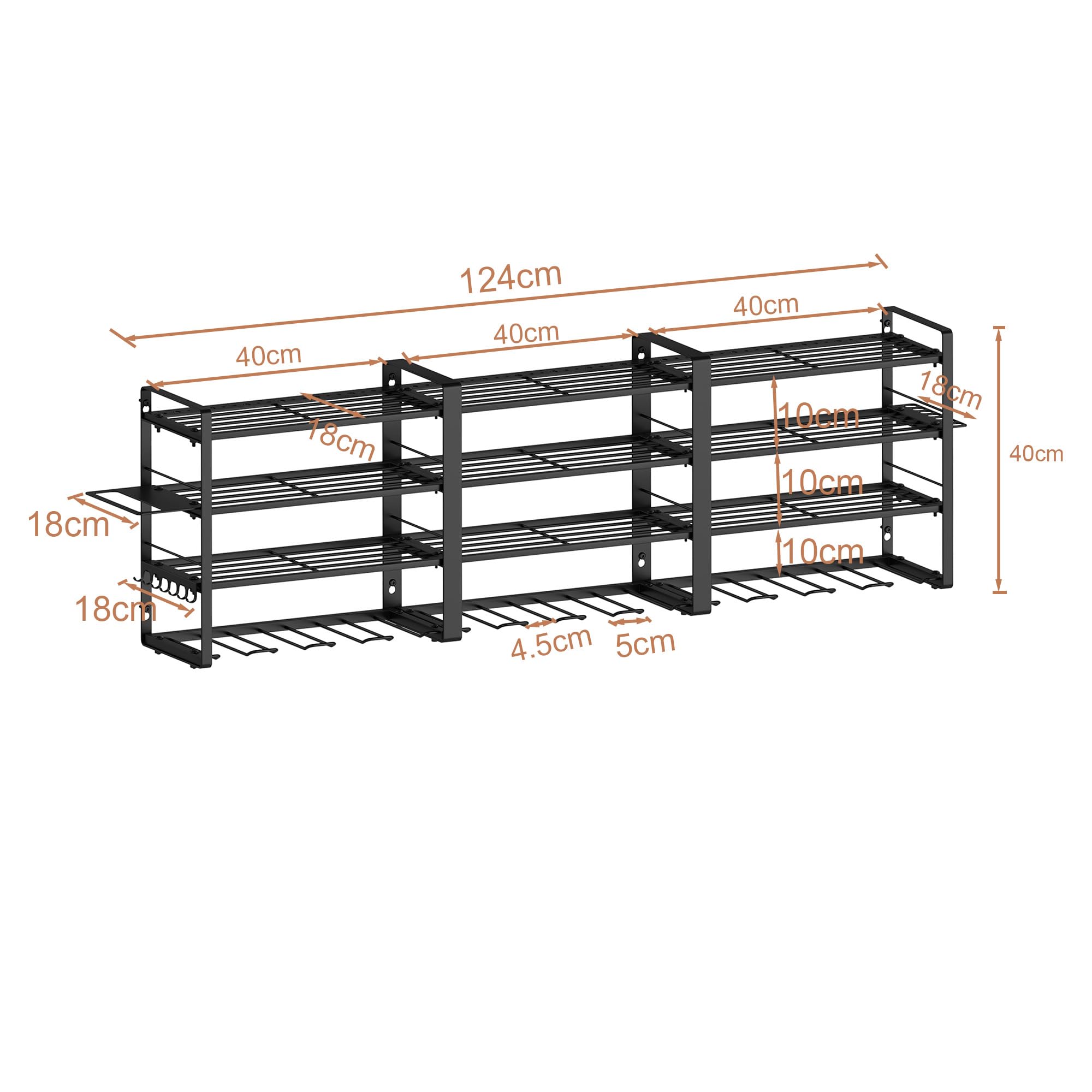 AcornFort W-605 2 Stück 7 Reihige Schwarz Halterung für 14 Tassen, Metall, zum Aufhängen unter
