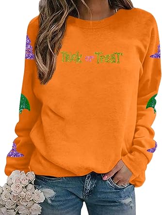 LUKYCILD Halloween Cat Sweatshirt Women Spooky Season Shirts Cute Ghost Cat Pumpkin Tee Halloween Crewneck Pullover Top