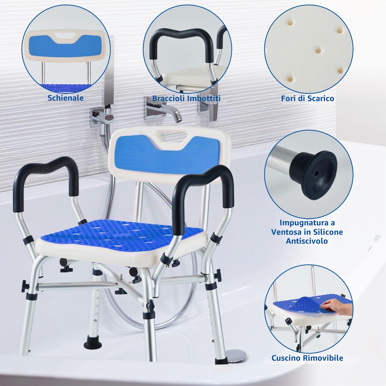 Sedia da Doccia Larga e Resistente con Braccioli e Schienale Rimovibili, Sedile da Doccia Antiscivolo da Bagno con Regolazione in Altezza a 6 Livelli per Adulti, Anziani Blu