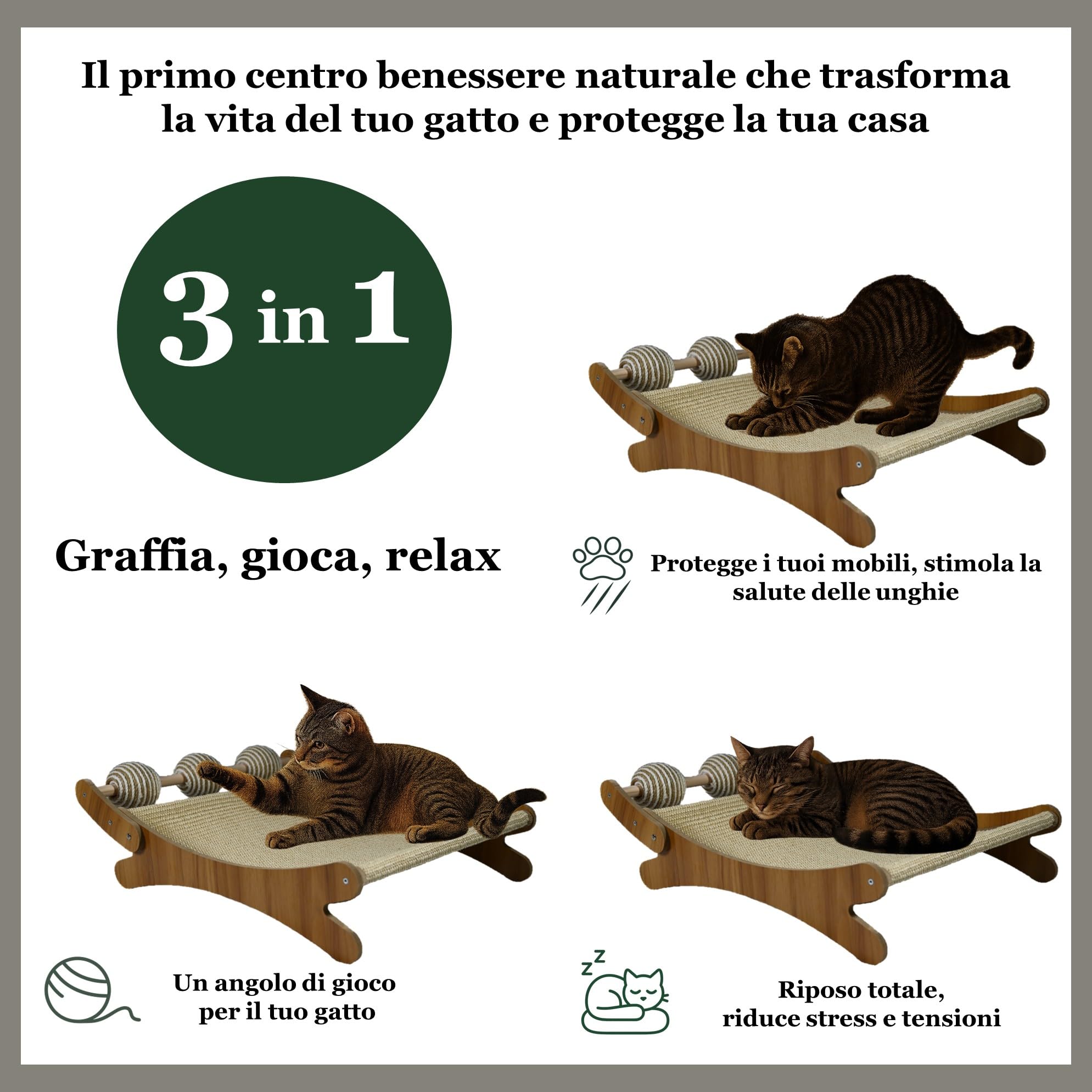 PetElegance Scratching Post for Cats XXL – 3 in 1 with Play Balls – MDF and Natural Sisal – Scratching Post for Large Adult Cats, Play and Relax Centre – Elegant Design - 3