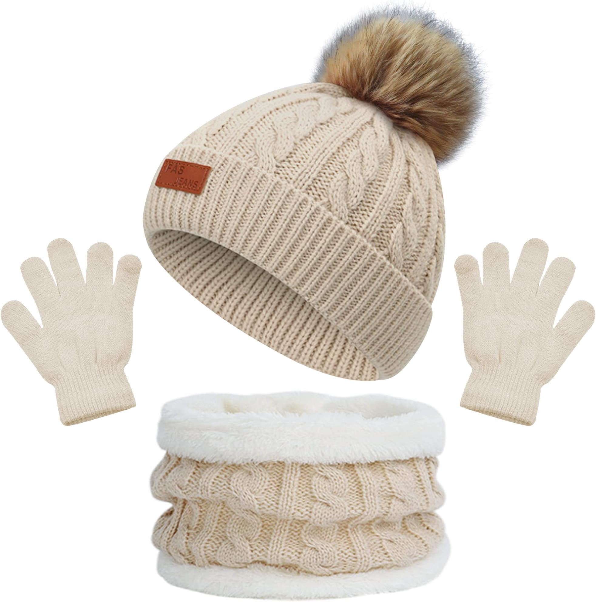BIGTHREEKids Beanie Hat Scarf Gloves Set, Thermal Knit Crochet Thick Fluffy Toddler Scarf Double Pom Pom Bobble Hat with Faux Fur for Girls Boys Children Toddler Aged 3-8 Years