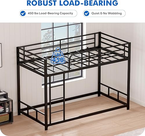 Miniatura 3 de Literas de metal de tamaño individual sobre individual, perfil bajo con escalera para niñas y niños, no necesita somier (negro)