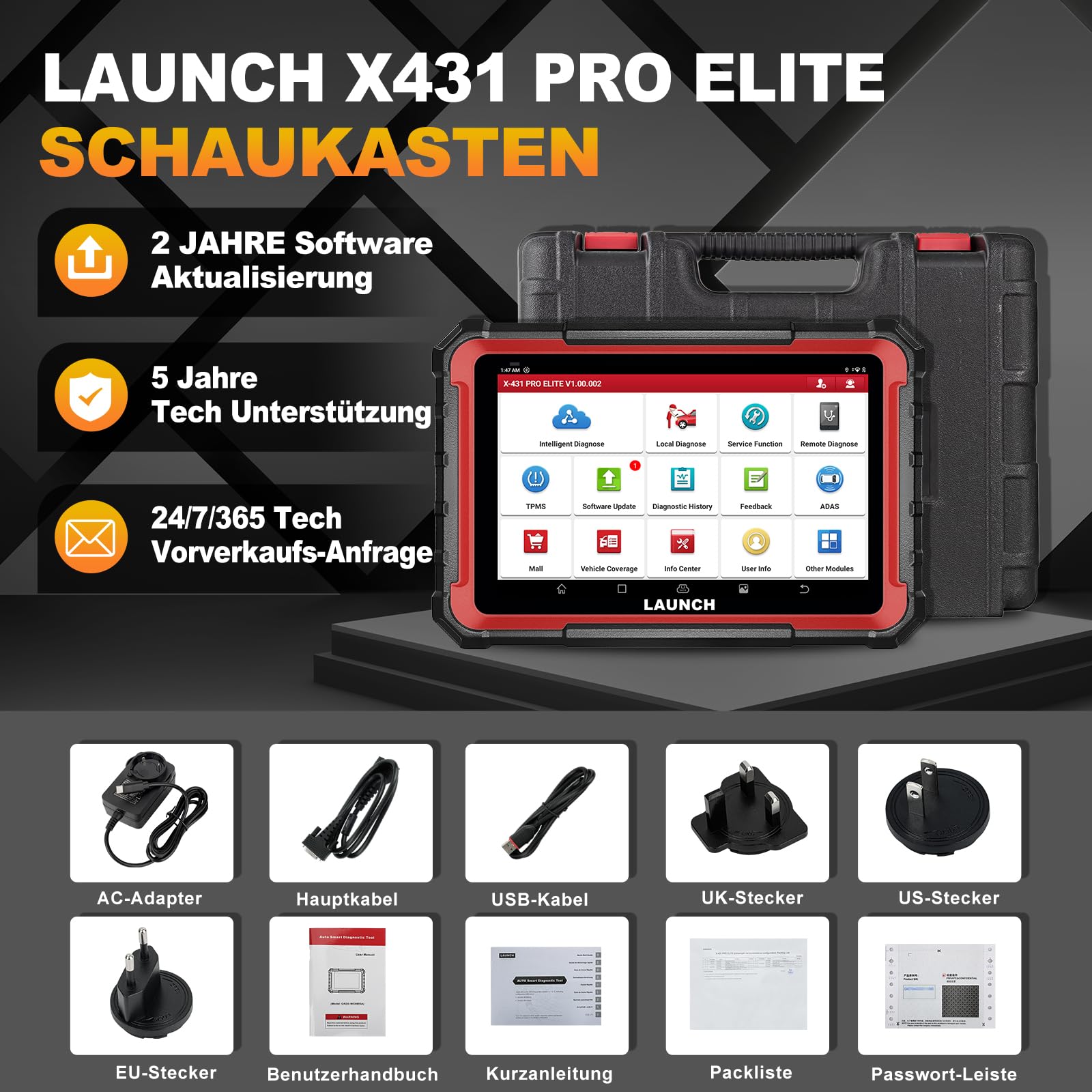 LAUNCH X431 PRO Elite OBD2 Diagnosegerät,ECU Online-Codierung & Bidirektional,Vollständige Systemdiagnose,45+Servicefunktionen,CANFD&DOIP,V.A.G. Guided Funktion,2 Jahren Update