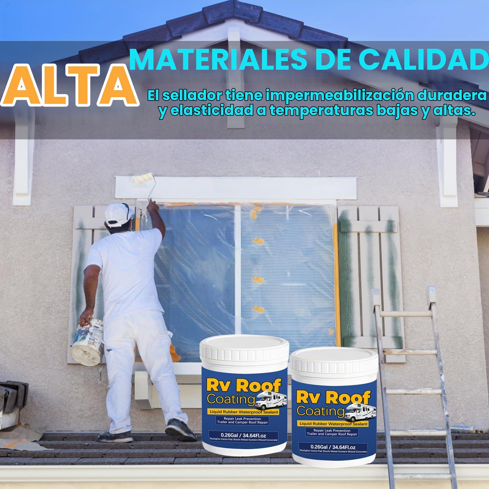 0.52Gal/69.28Fl.oz Blanco Sellador Impermeable Goma Líquida Rv Revestimiento de Techo Camper Reparación de Techo Solar Reflectante Cepillo de Madera Masilla Cuchillo Nitrilo Guantes Rodillo Drywall