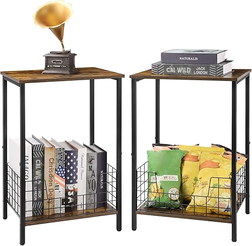 Juego de 2 mesas auxiliares, mesa de soporte para tocadiscos con almacenamiento, mesas auxiliares estrechas de 2 niveles para dormitorio con valla,