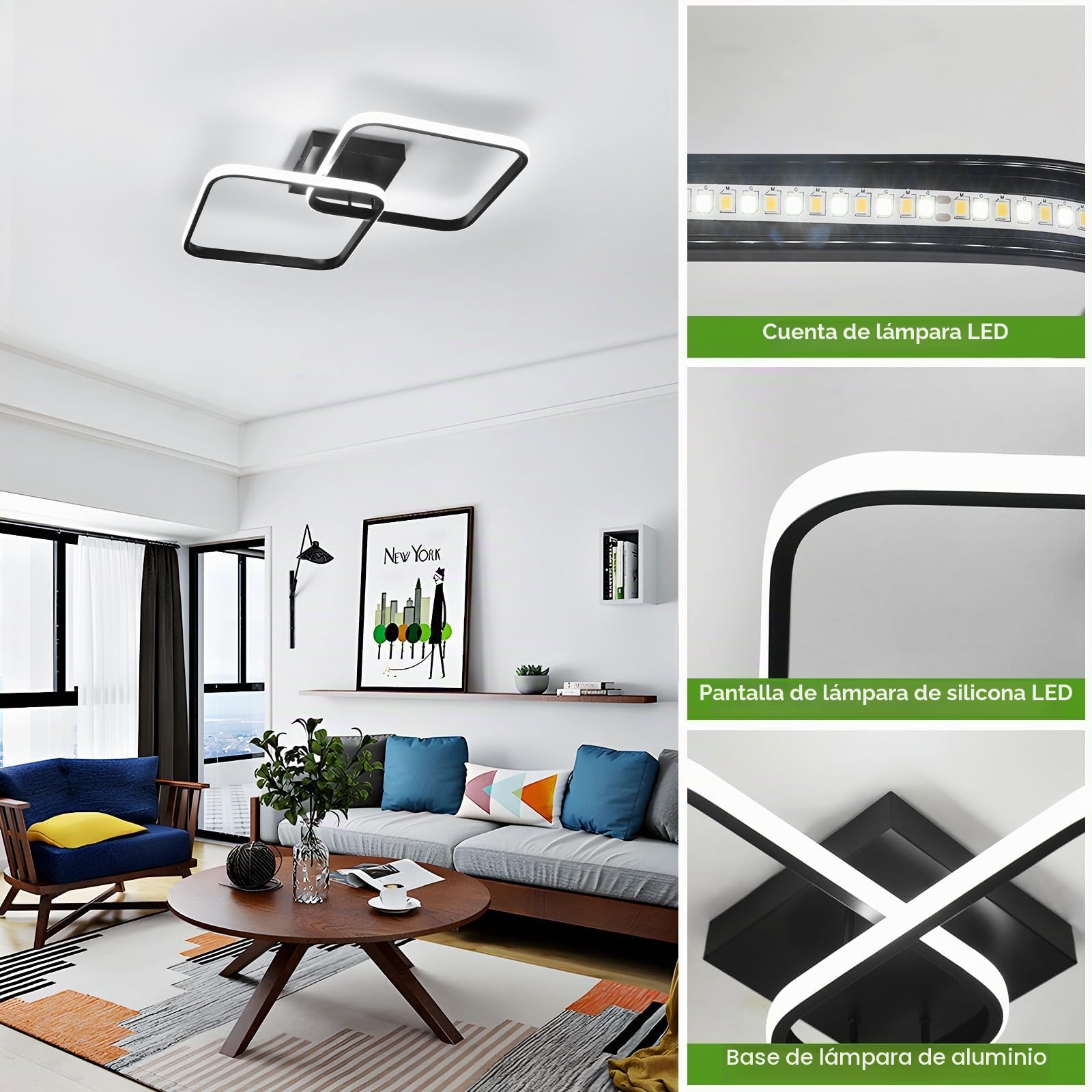 Osairous Lámpara de Techo Regulable, 50W Plafon LED Techo Salon Moderno 5625LM, Luz de Techo Cuadrado con Mando 3000K-6500K para Dormitorio Cocina Comedor Pasillo, 64CM