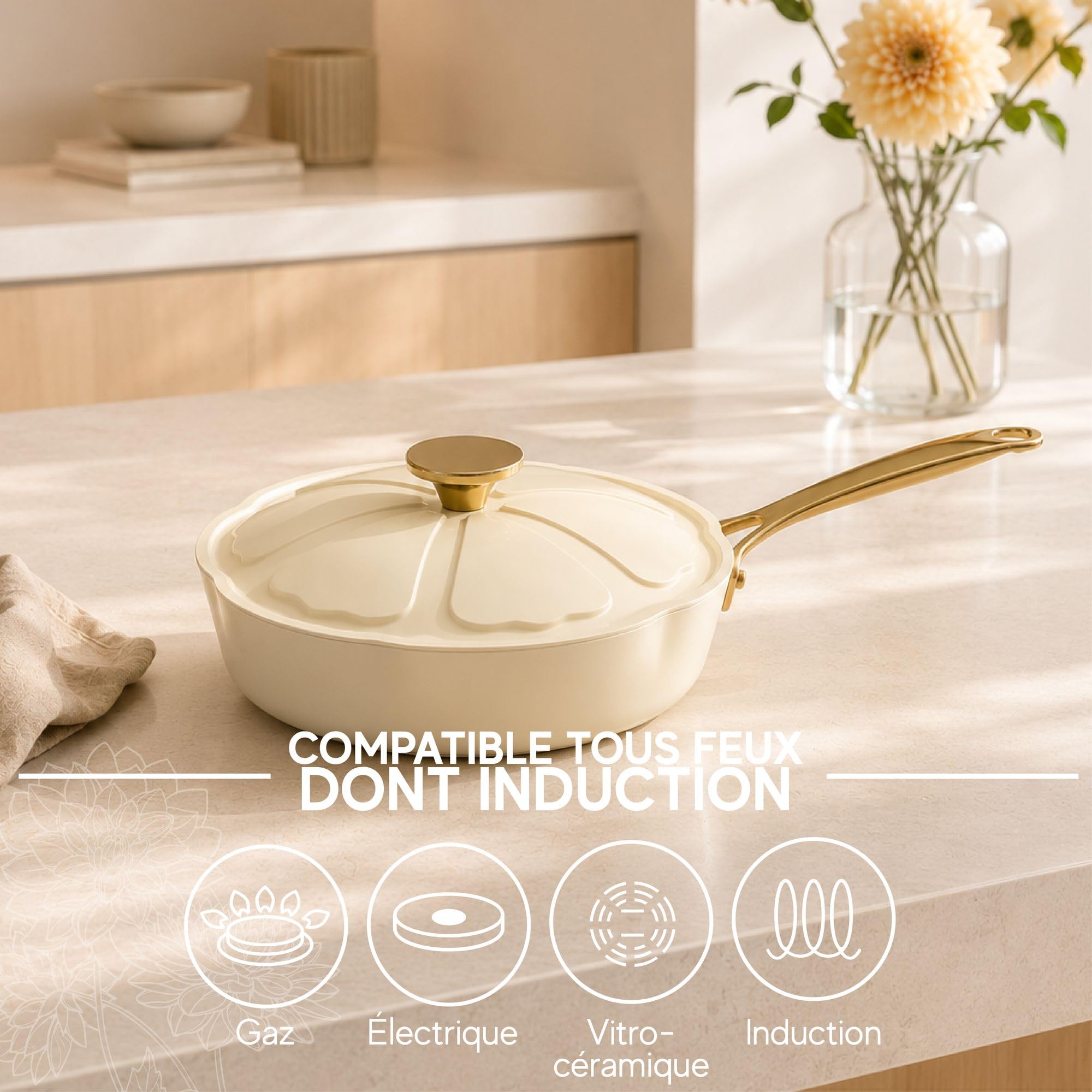 MENASTYL - Sauteuse 24cm Dahlia sans PFAS - Revêtement céramique antiadhésif crème - 98% d'aluminium recyclé - Tous feux dont induction et lave-vaisselle - Poignée rivetée en inox - 6020942