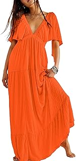 Women Summer Dresses Sexy V-Neck Maxi Dress Tiered Silhouette with Flutt...