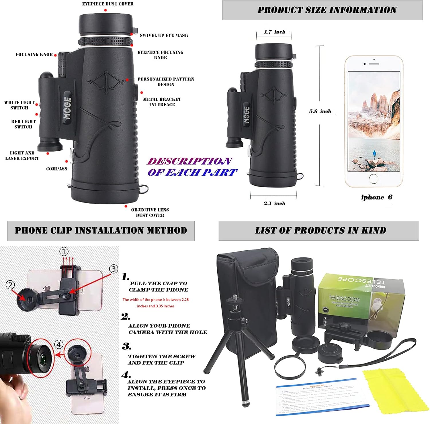 Multi-Functional Monocular Telescope,BAK-4 Prism,12X50,High Magnification Adjustable Focus,with Compass/Flashlight/Tripod,for Camping,Watching Animals/Games/Moon/Concerts : Electronics