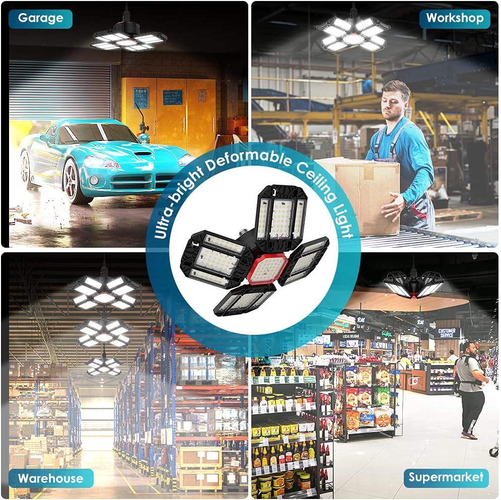 Rafow 200W LED Garage Lights - 2 Pack, 20000LM, 6500K, 12 Adjustable Panels Deformable Ceiling Lighting Fixture - E26/E27 Bay Light for Garage, Basement, Shop, Workshop, Warehouse