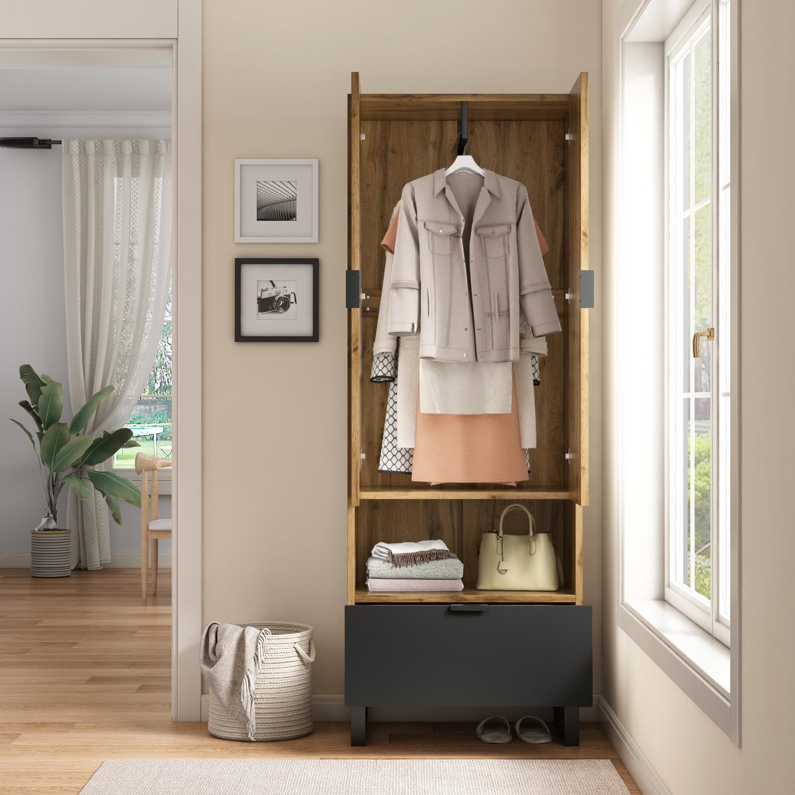 Set di cassetti, guardaroba compatto con ripiani regolabili e asta appendiabiti, set con 2 ante e maniglia, per corridoi e ingresso, 180 x 65 x 38 cm, legno e nero