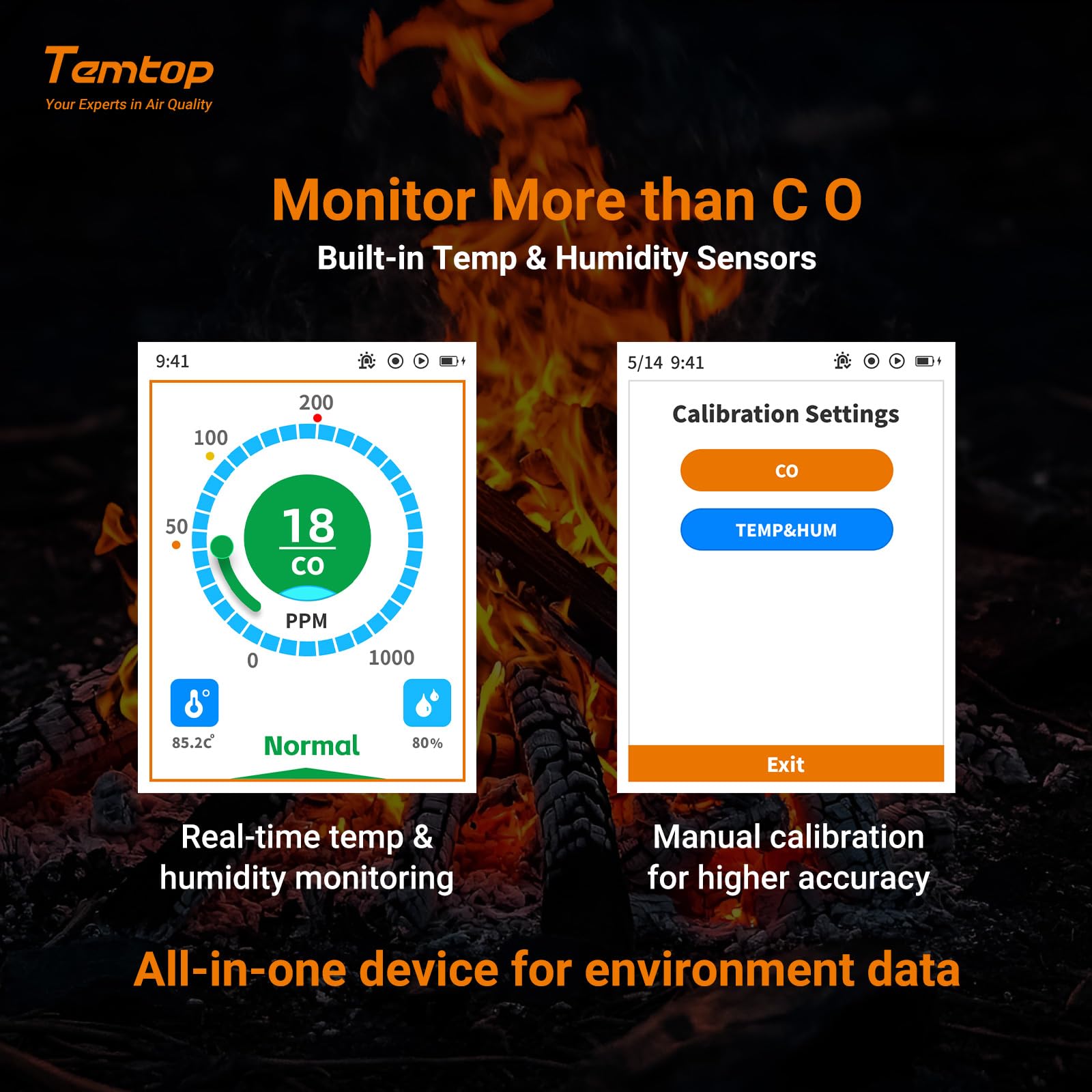 Temtop LKC-1000C Portable C-O-Detektor mit Temperatur- und Feuchtigkeitsanzeige, Messbereich 0–1000 ppm, TFT-Farbdisplay, individuelle Alarme für zu Hause/Garage/Sicherheitsüberwachung