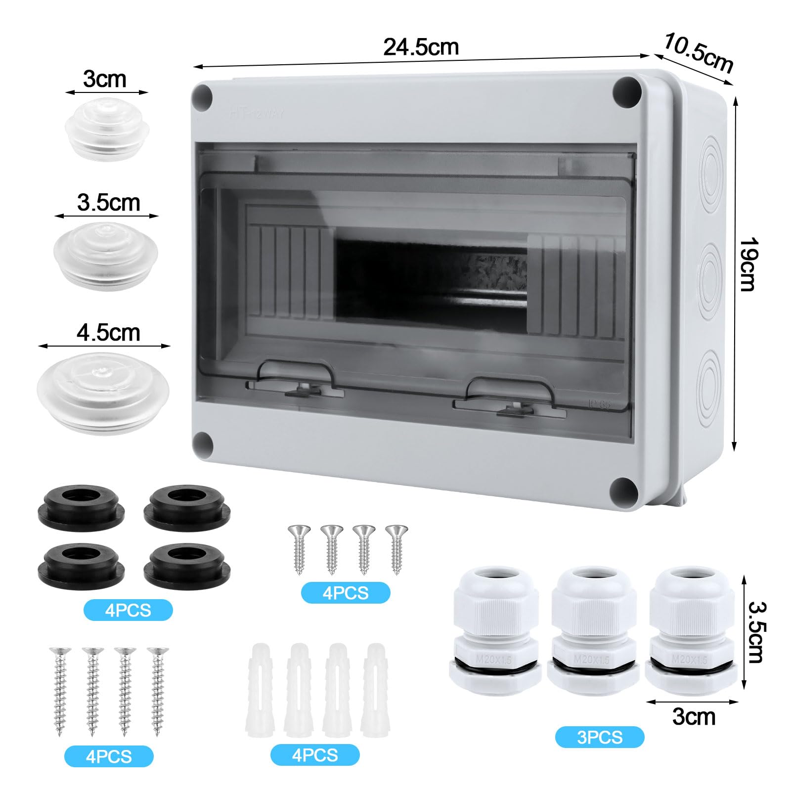 Caja de fusibles para montaje en superficie, IP65, resistente al agua, con pinzas de latón, subdistribución, 1 fila para 12 módulos, para jardín, exteriores, villas