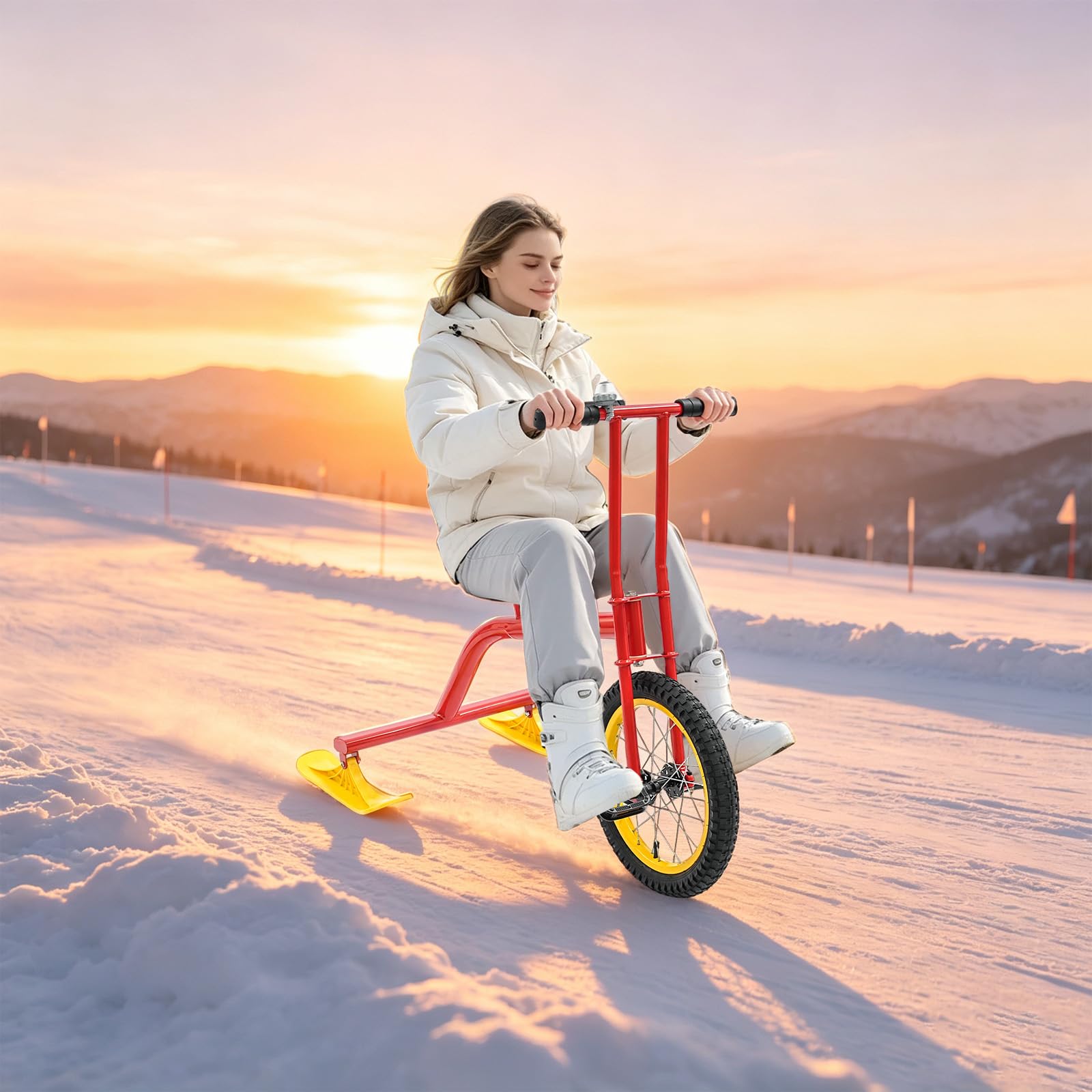 Monopattino da neve, portata 100 kg, leggero, con sella, snowboard, 108 x 58 x 86 cm | Azionamento a una ruota, slittino con allarme, campanello da sci, bicicletta per gite in famiglia, attività in campus