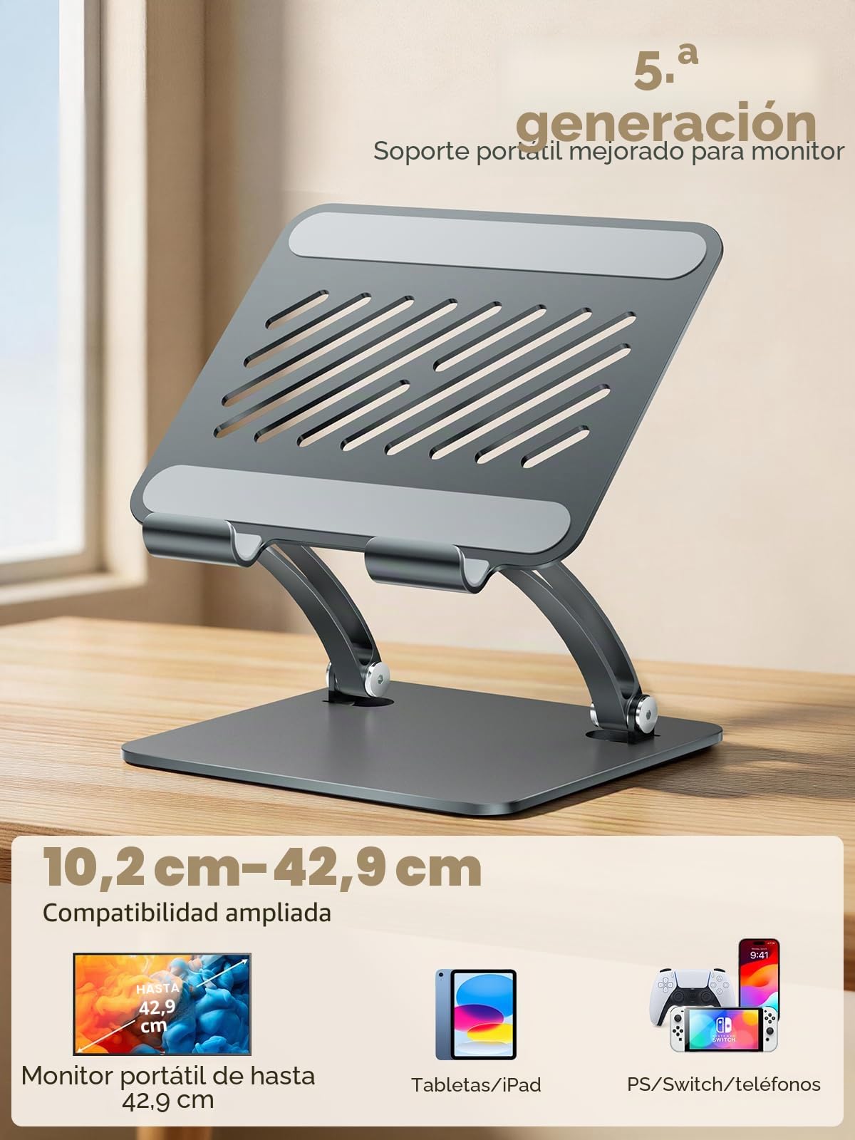 tounee Soporte para Tableta, Soporte de Escritorio de Aluminio Ajustable con Doble Varilla, Compatible con iPads, Tablets Surface, Monitores Portátiles, Kindle y Más (4,7-16,5") (Gris)