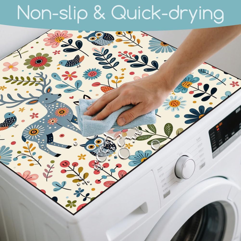 GLOBLELAND 2 Pcs Scandinavia Folk Art Washer Dryer Dust Cover 23.6×23.6 inch Deer Fox Owl Animals Washing Machine Top Protector Pads Non Slip Washing Machine Top Covers for Living Room Kitchen