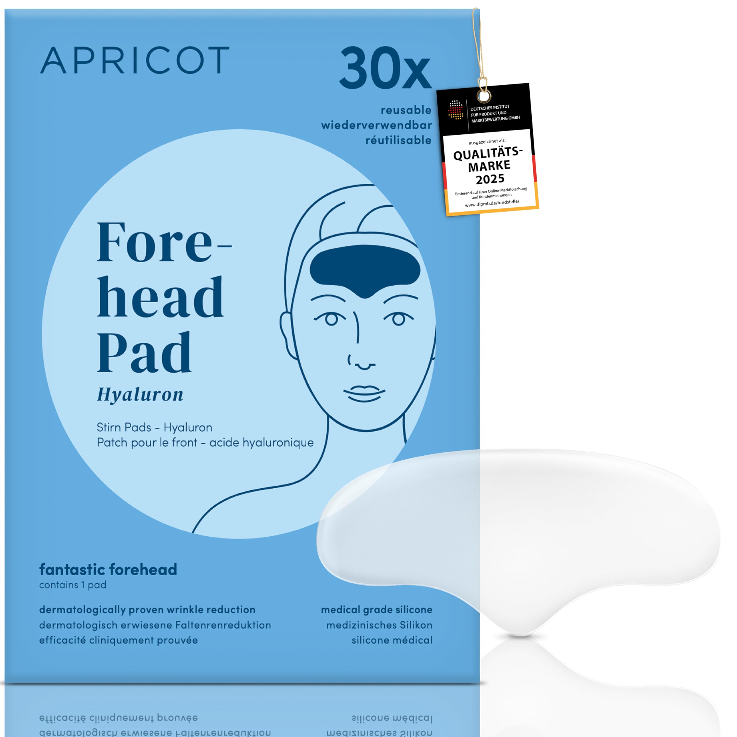 APRICOT Stirn Pads gegen Falten aus medizinischem Silikon mit niedermolekularem Hyaluron, Stirn- und Zornesfalte Glätten - 30x Wiederverwendbar, Dermatologisch geprüft, Vegan & Tierversuchsfrei