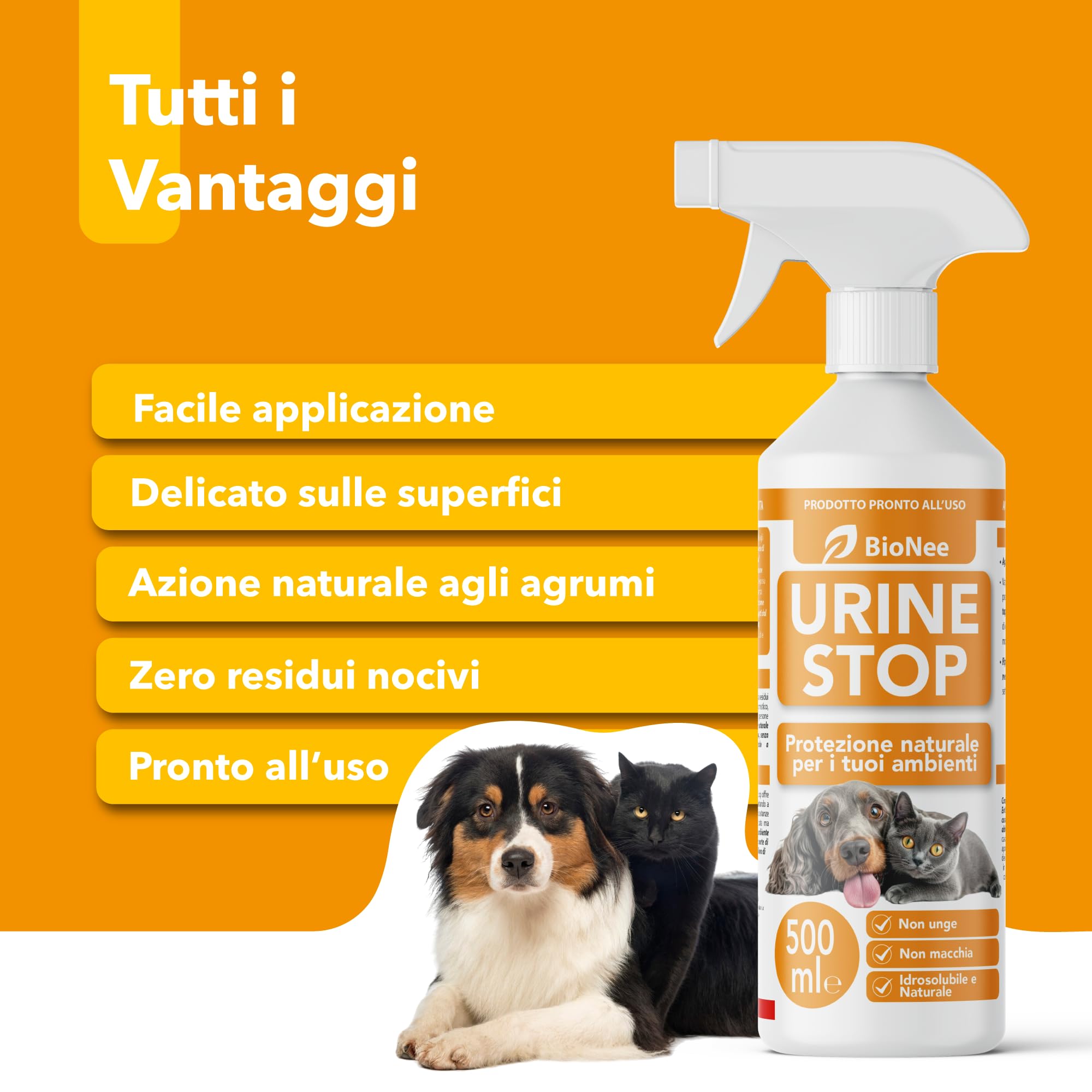 Bionee Urine Stop Spray Naturale per Cani e Gatti 500 ml – Doppia Azione: Disabituante agli Agrumi + Elimina Odori – Pronto all’Uso, Non Macchia, Sicuro per Ambienti Interni ed Esterni