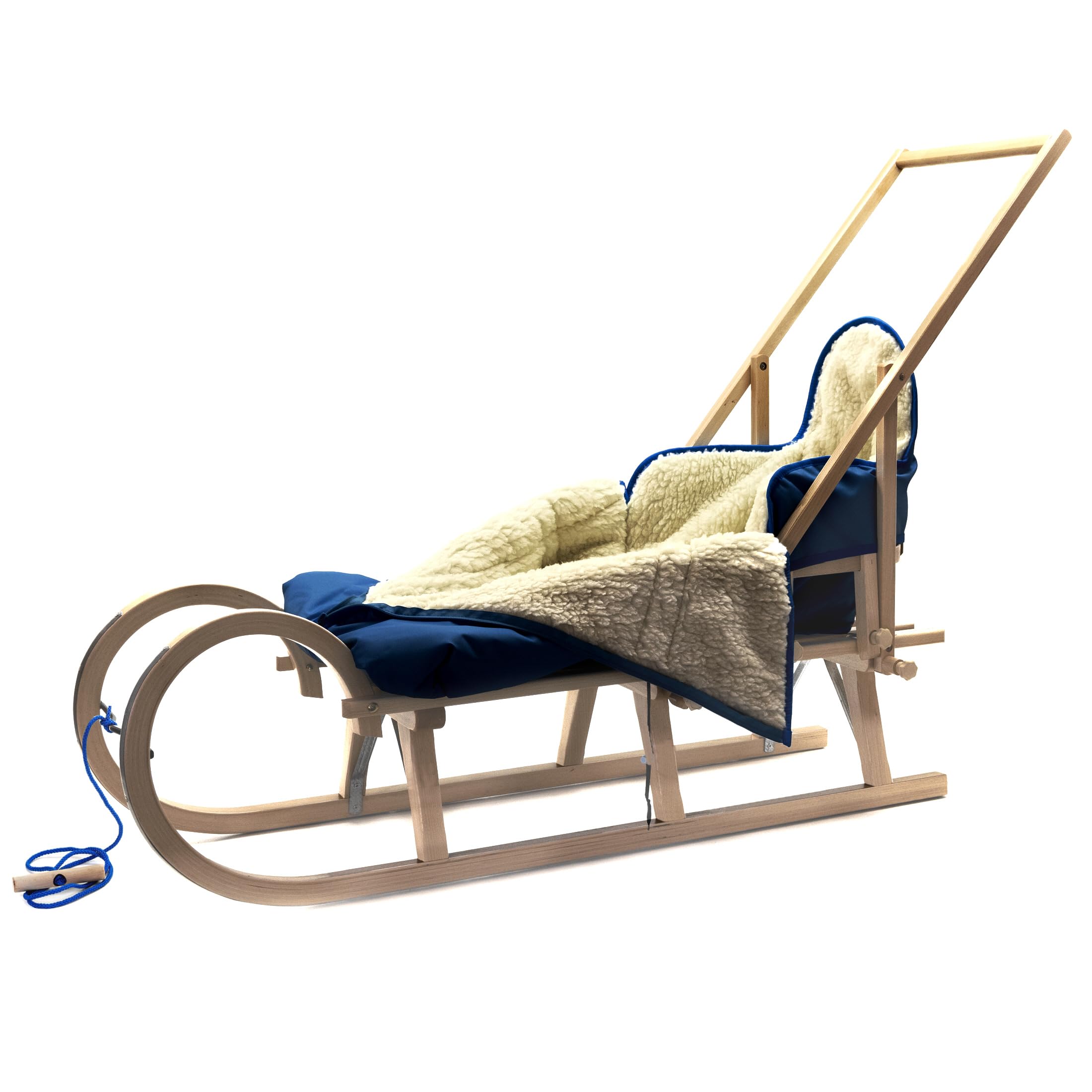 Babyschlitten Hörnerschlitten Holzschlitten Baran Baby 120 mit Lehne Schieber Alaska Schlittensack mit Farbauswahl (Granatblau)