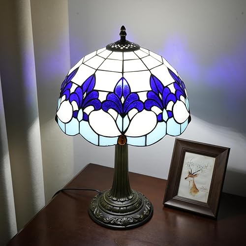 Miniatura 6 de Tiffany Lámpara de vitral de 12 pulgadas, lámpara de mesa estilo cancha Iris patrón de flores arte retro lámpara de noche para dormitorio, sala de