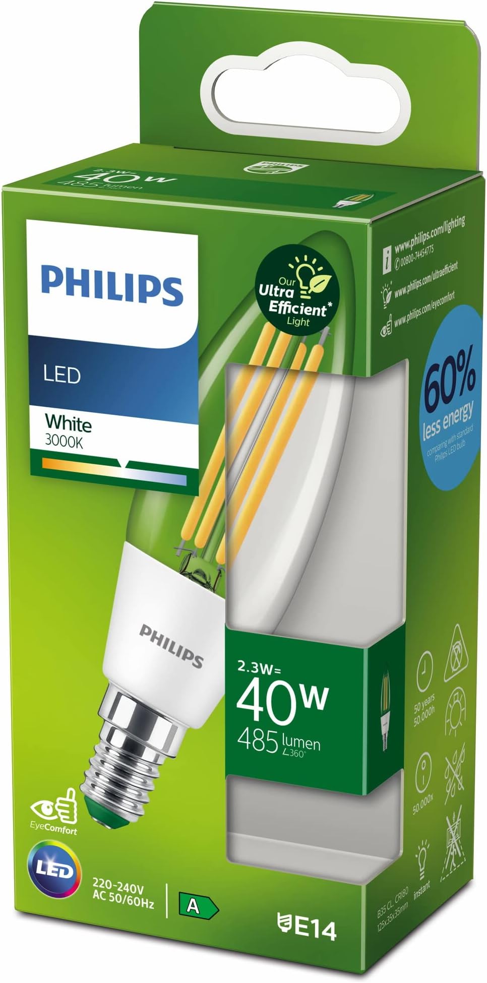 LED Ultra Efficient Candle Light Bulb A Label Energy Rating [White 3000K - E14 Small Edison Screw] 40W B35 Clear. for Indoor Home Lighting.