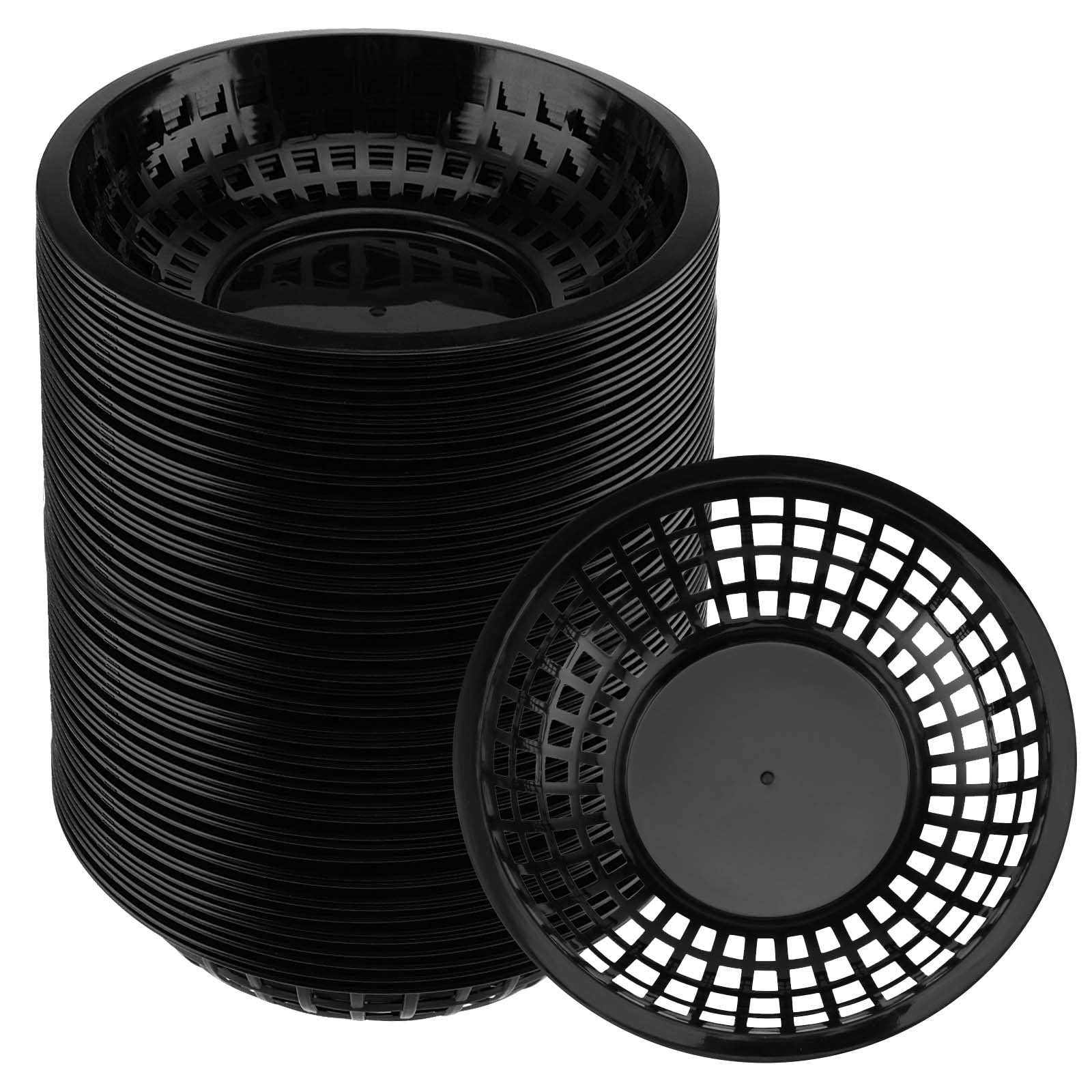 JAPCHET 70 Pack Black Fast Food Baskets, Round Plastic Fast Food Serving Basket, Restaurant Serving Baskets for Burgers, Deli, Sandwiches, Fries, Easy Clean
