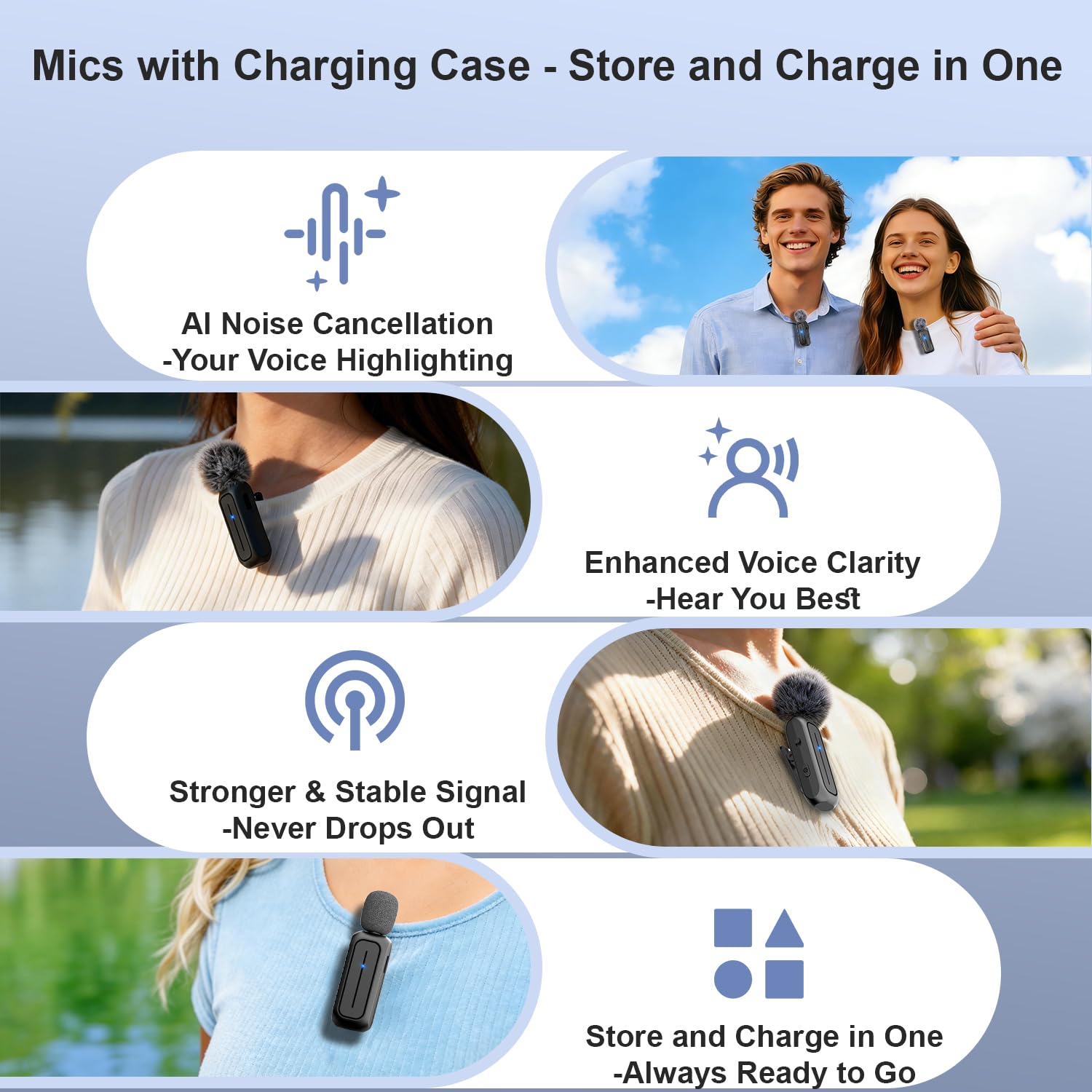 Lot de 2 mini microphones cravate sans fil pour iPhone, téléphone Android avec étui de chargement – Double micros sans fil à clipser de 20 m avec réduction du bruit 6 heures de temps de fonctionnement