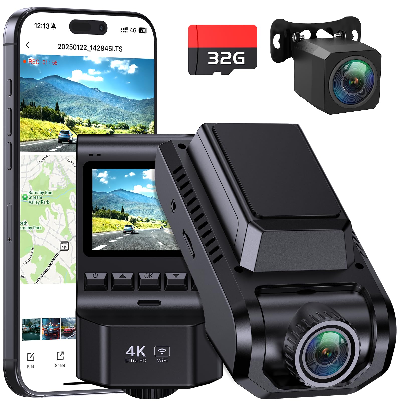 ECOMOMENT Dash Cam Front and Rear, 4K UHD Dash Camera for Cars 32 GB Card Included, Built-in Wi-Fi, GPS, 2" IPS, 24h Parking Mode, Car Dash Cam with Front and Back, with 170° and 160° Wide Angles