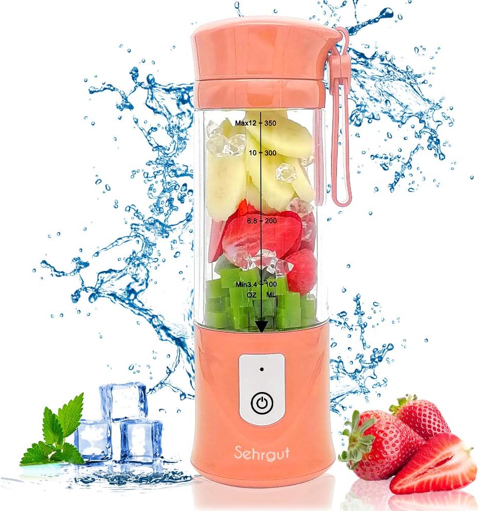 Personal Portable Smoothie Juicer Blender Bottle, includes 4000mAh 7.4V Batteries,126 Watts 12oz USB Shakes Blender for Gym, Travel & Home, Pink