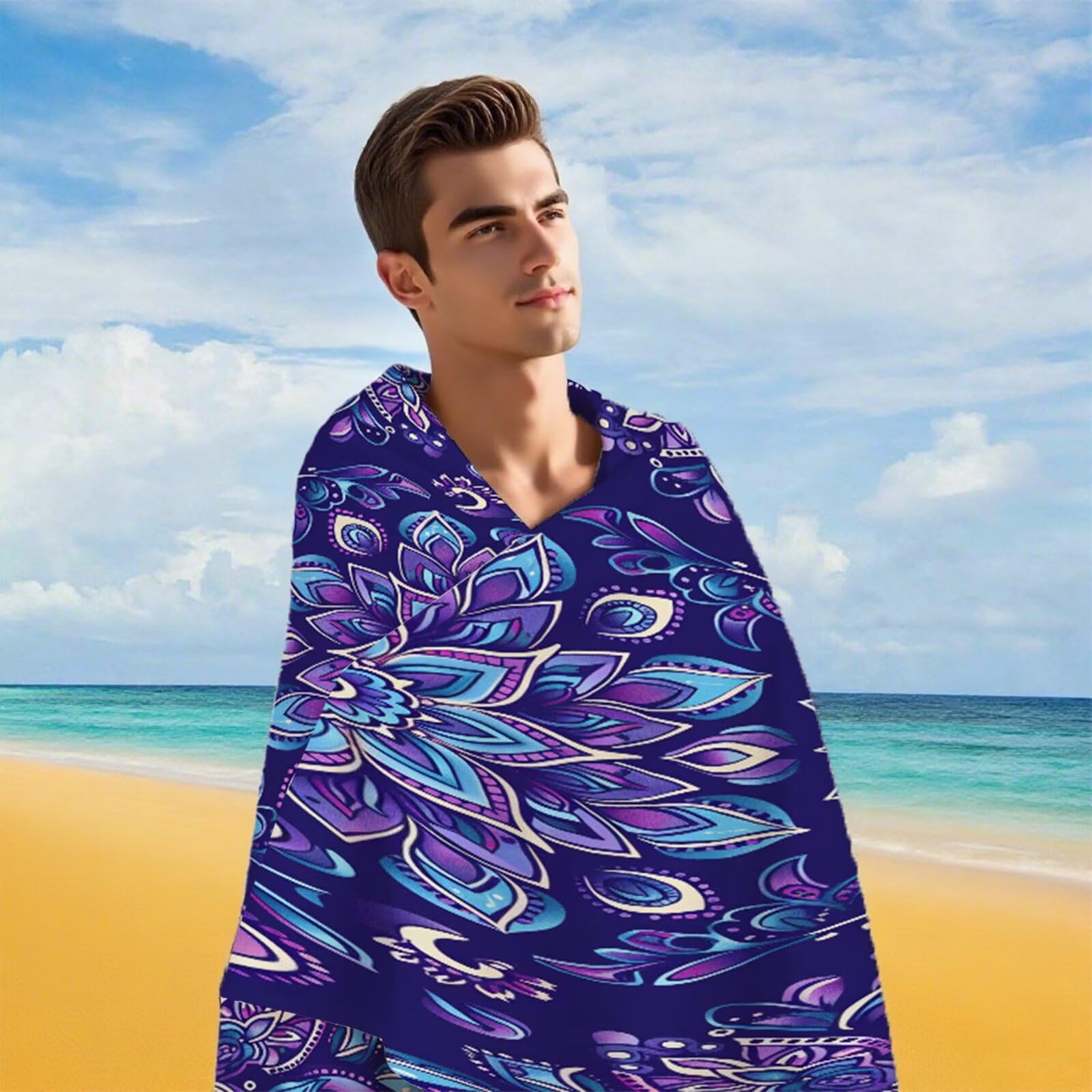 Ręcznik plażowy z mikrofibry 220 x 100 cm duży ręcznik kąpielowy fioletowe kwiaty mata plażowa anty piasek, ręczniki sportowe, szybkoschnące, kompaktowe i lekkie, do sportu, podróży, sauny, basenu Y1