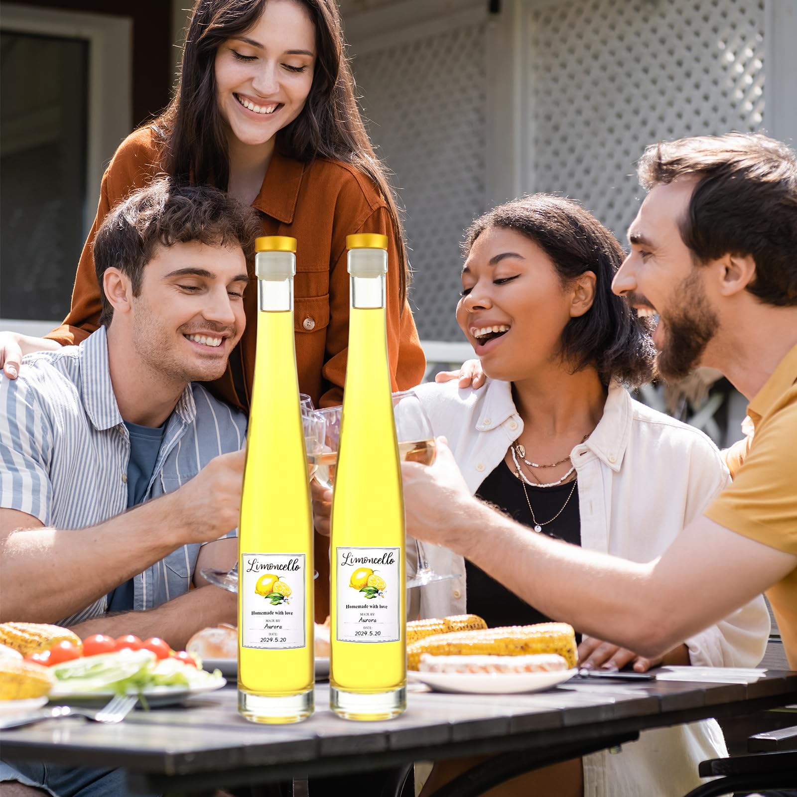 Maxcheck Set di 6 bottiglie di vino in vetro da 375 ml, con etichette adesive, ermetiche, vuote, trasparenti, con coperchio, per estrarre liquori fatti in casa, adatte per regali (limone)