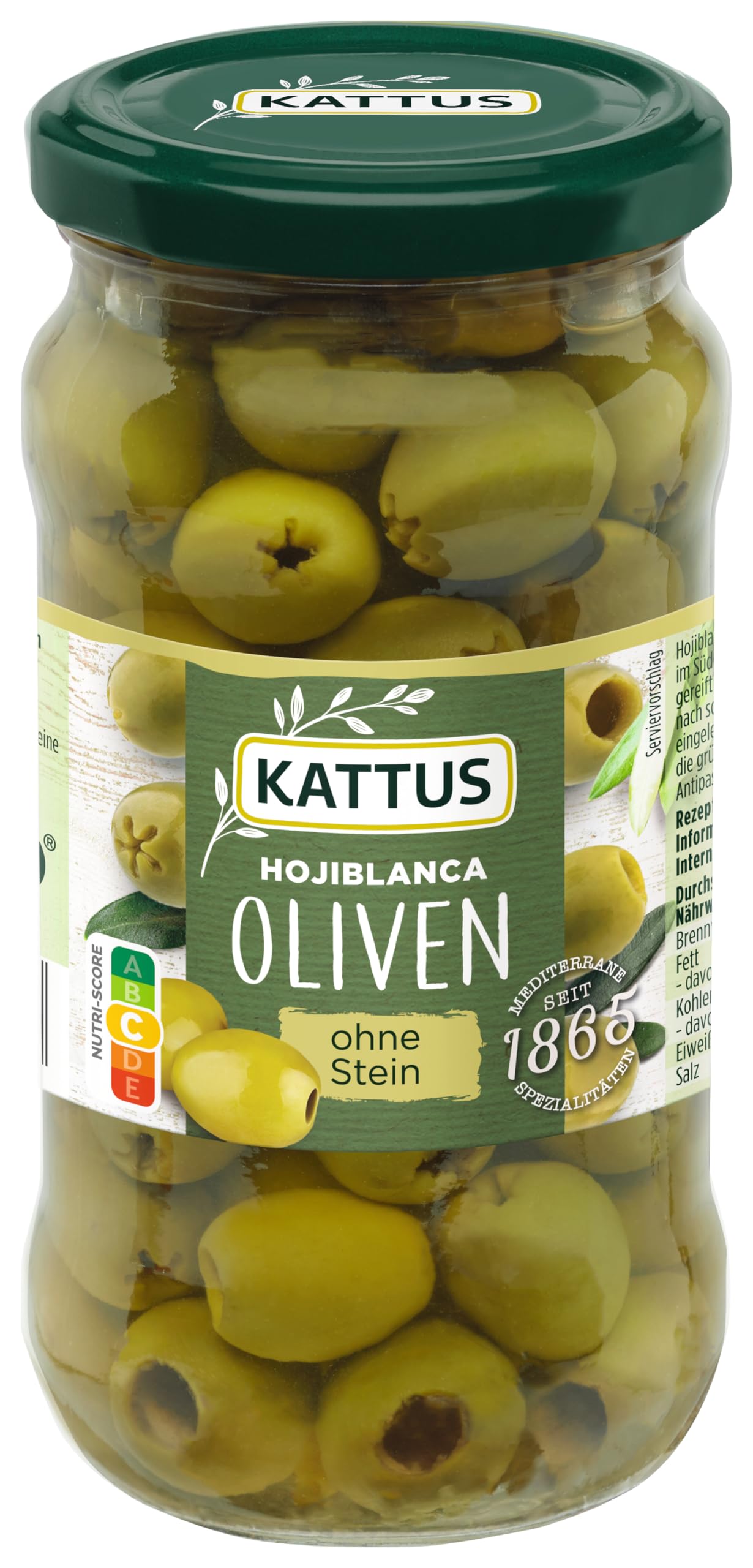 Kattus - Grüne Hojiblanca Oliven ohne Stein | Verzehrfertige, entsteinte spanische Oliven, eingelegt in pikanter Salzlake | Für Salate, Pasta und Co. | 340 g im Glas