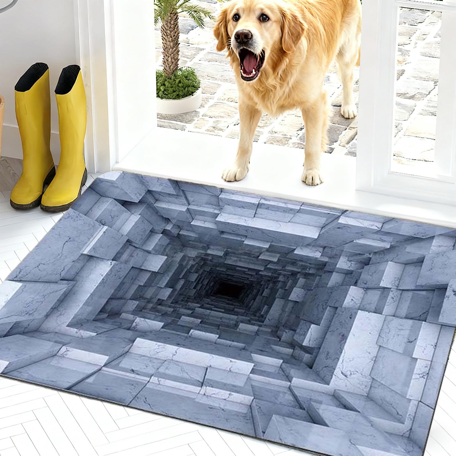 3D Hole Rug-Dog Gets Scared of 3D Hole Carpet, Optical Illusion Rugs, Rugs That Look Like a Hole, 3D Carpet Bottomless Hole Optical Illusion Area Mat, Easy Clean for Patio Porch (H-50*80cm(20*32in))