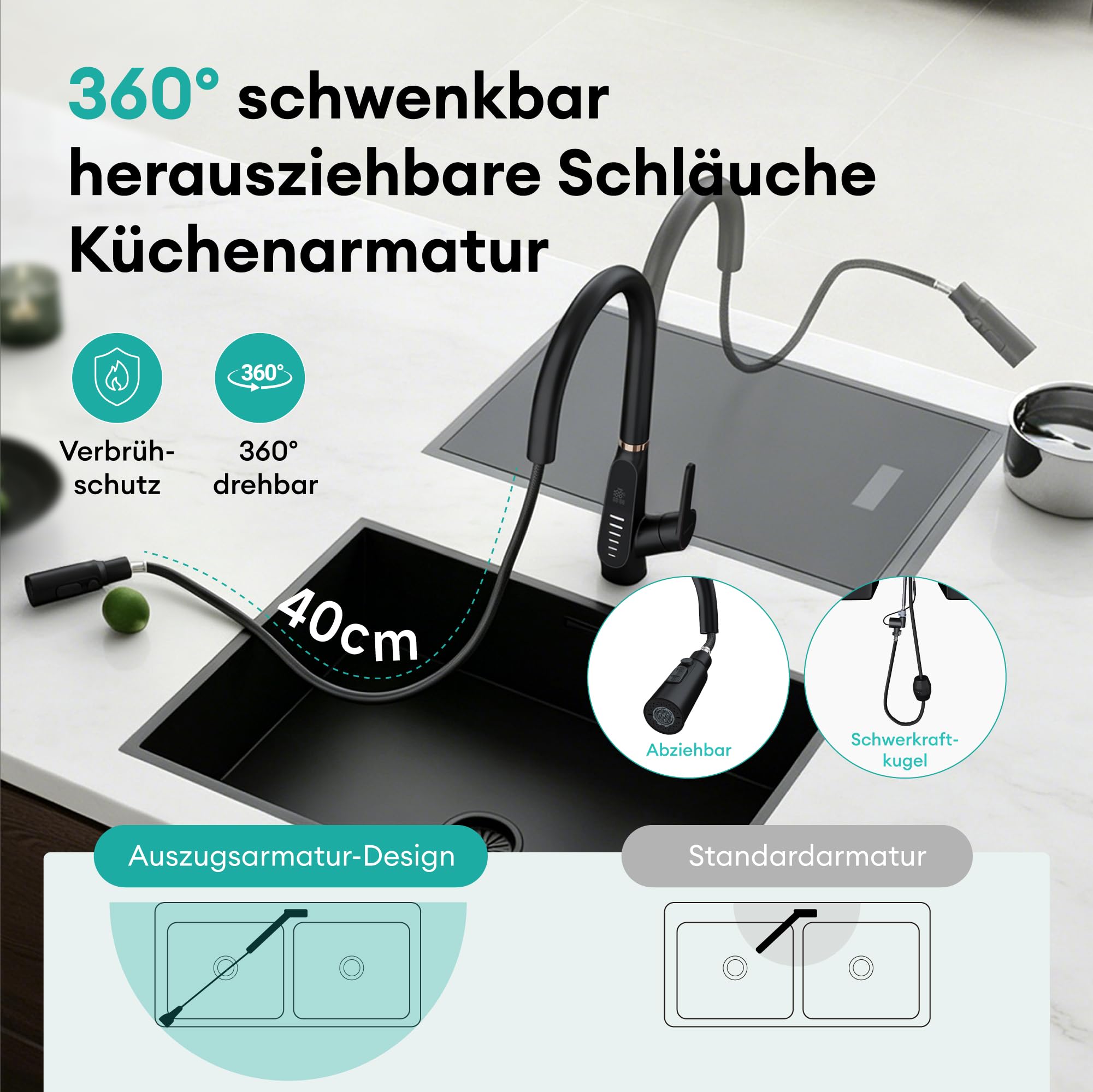 Mai & Mai Wasserhahn Küche ausziehbar, Küchenarmatur mit LED-Digitalanzeig | 360° drehbar Einhebelmischer Küche, 3 Wasserstrahl-Modi, Küchenwasserhahn Spültischarmatur Schwarz MS-8085