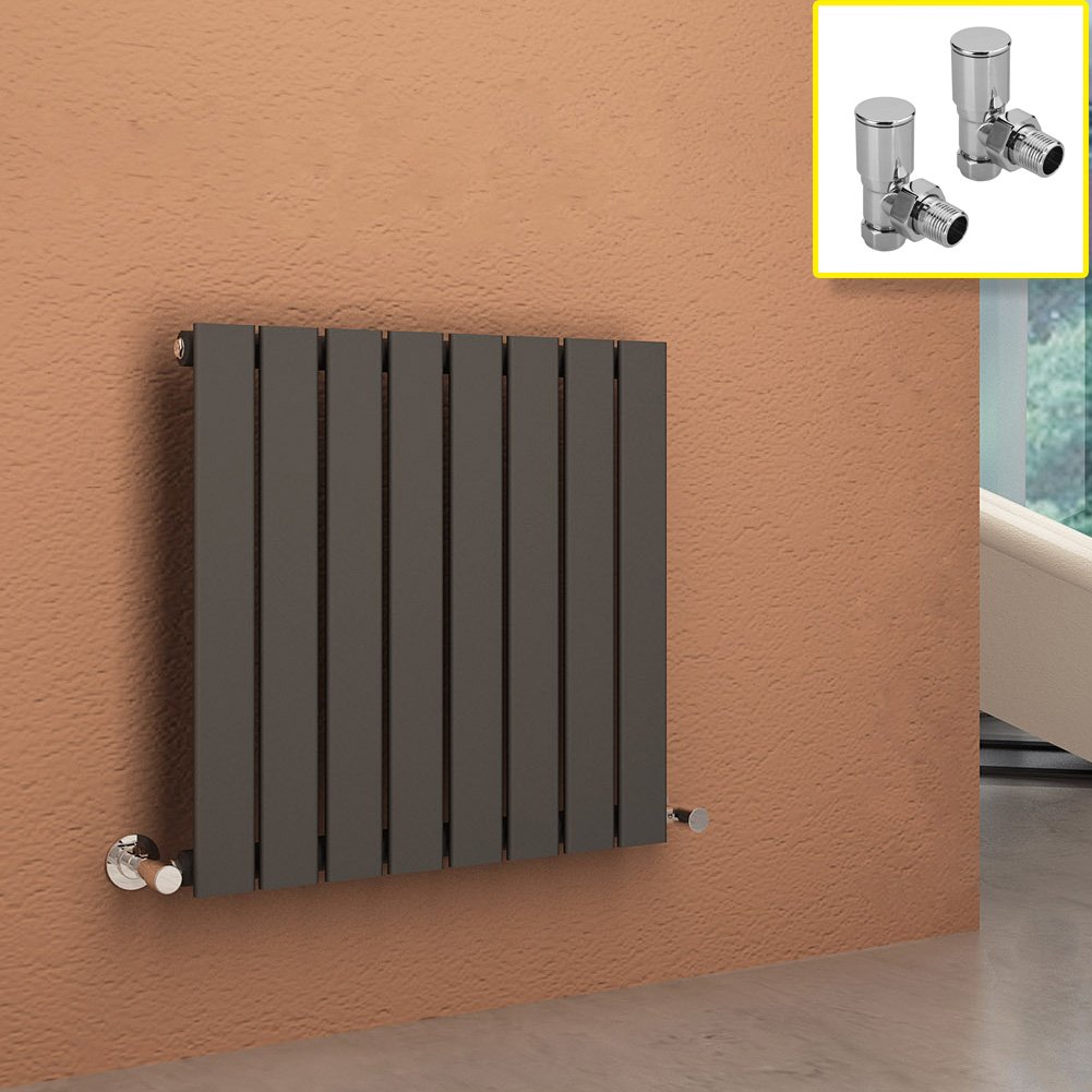 600 x 600 mm Anthracite Column Radiator Horizontal Single Flat Panel Designer Radiator with Angled Radiator Valves