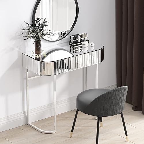 Miniatura 1 de Mesa de tocador con espejo a rayas grises de acero inoxidable con marco brillante para dormitorio estudio oficina
