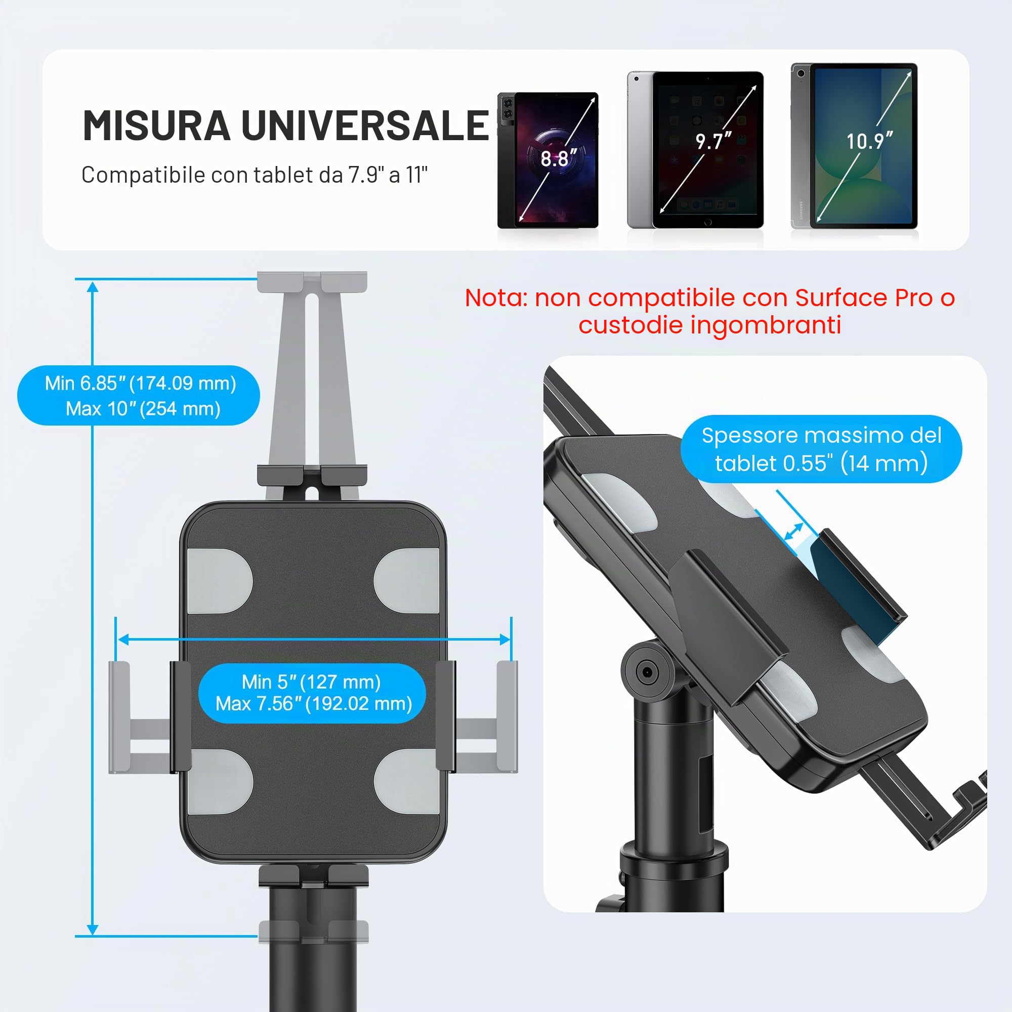 AboveTEK Supporto Tablet da Terra - Supporto POS iPad Regolabile Altezza, Supporto Girevole 360° Bloccabile per iPad 7,9"-11" - Supporto Antifurto Negozi